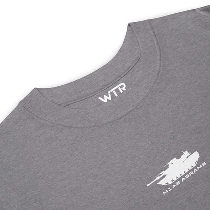 GENERAL DYNAMICS M1A2 ABRAMS TANK — hand-drawn main battle tank artwork printed on heavyweight T-shirt.