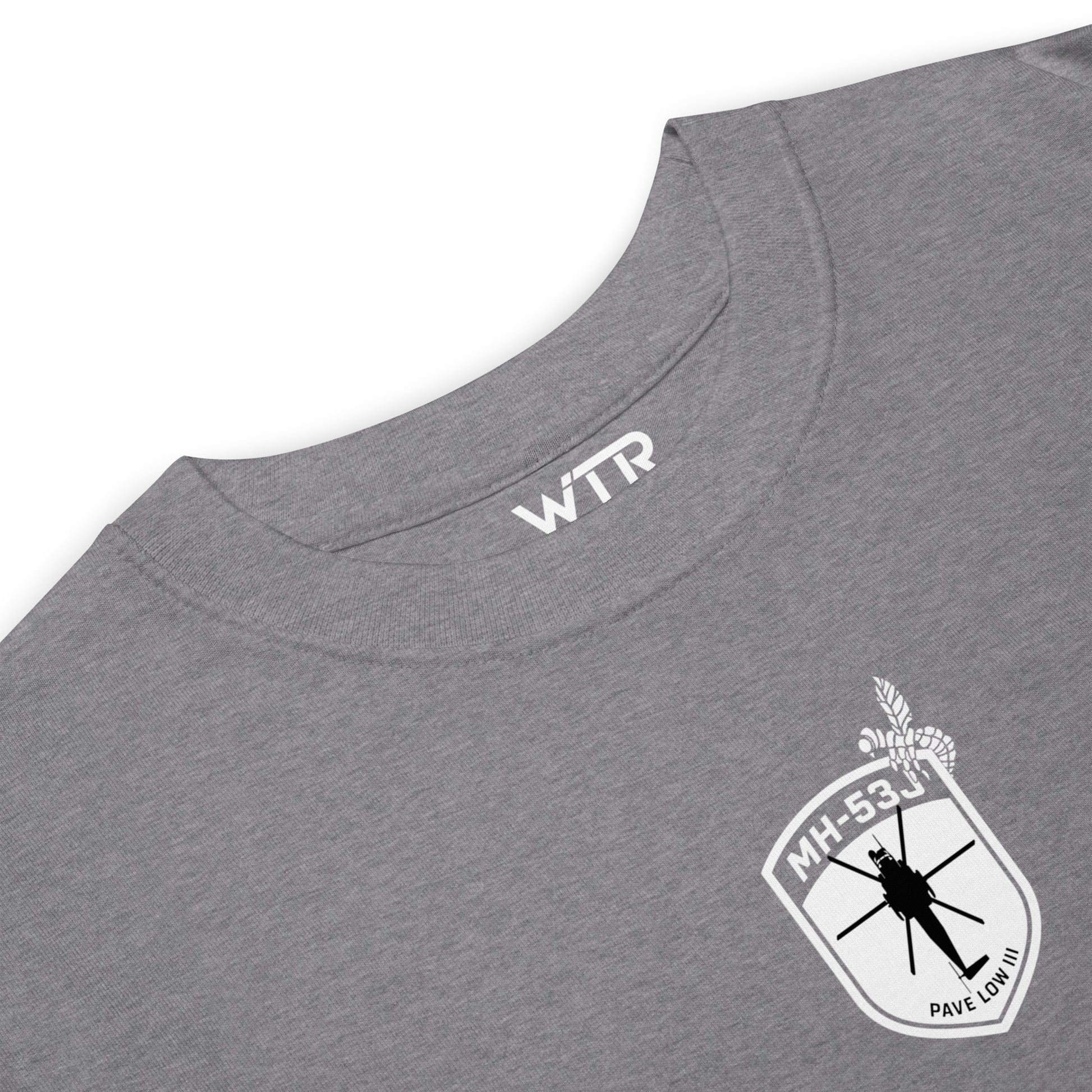 Hand-drawn schematic of the SIKORSKY MH-53J PAVE LOW printed on a heavyweight T-shirt.