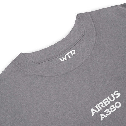 AIRBUS A380 SUPERJUMBO — hand-drawn airliner schematic artwork printed on heavyweight T-shirt.