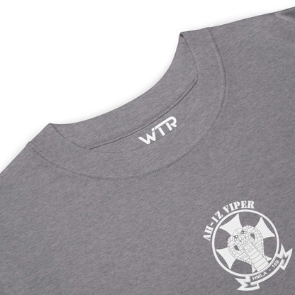 Hand-drawn schematic of the BELL AH-1Z VIPER ATTACK HELICOPTER printed on a heavyweight T-shirt.