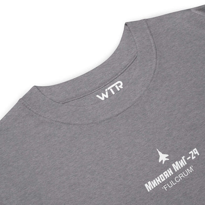 MIKOYAN MIG-29 FULCRUM — hand-drawn AIR SUPERIORITY schematic artwork printed on heavyweight T-shirt.