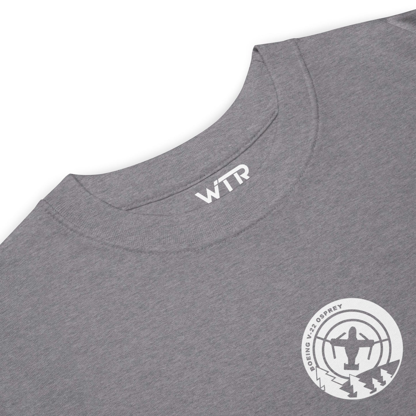 Hand-drawn schematic of the BELL BOEING MV-22 OSPREY printed on a heavyweight T-shirt.