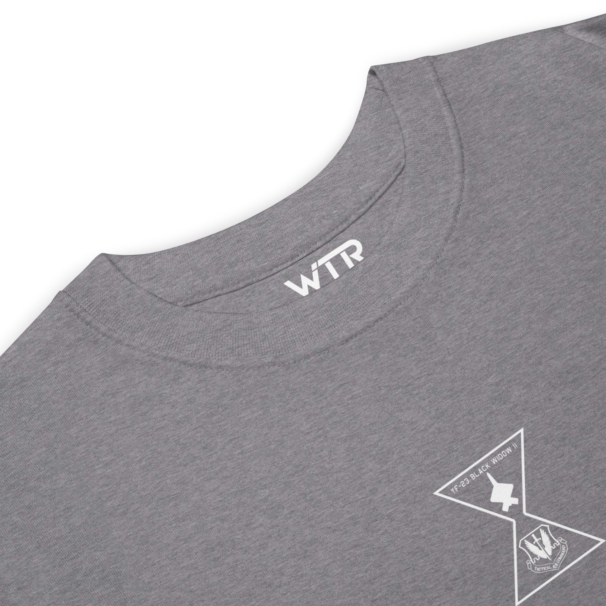 Hand-drawn schematic of the NORTHROP YF-23 BLACK WIDOW II printed on a heavyweight T-shirt.