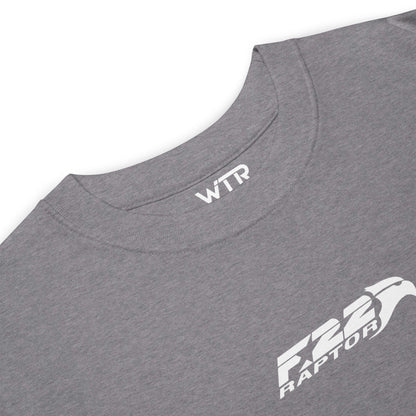 Hand-drawn technical study of the Lockheed Martin F-22 Raptor front canopy and nose section on a premium t-shirt.