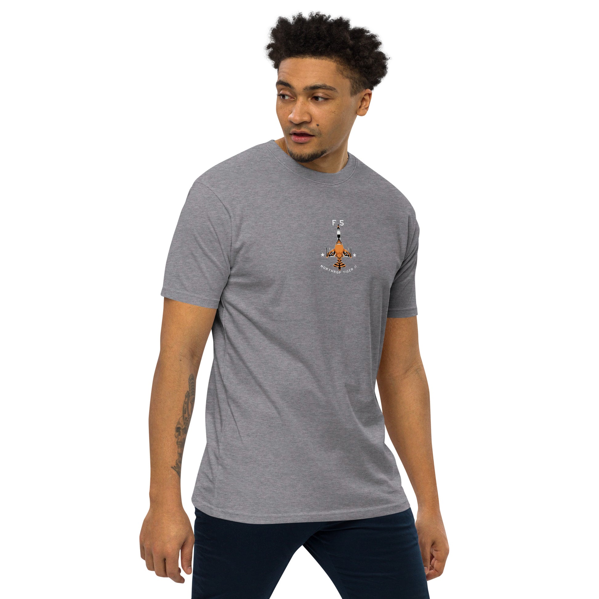 Hand-drawn technical schematic of the Northrop F-5E Tiger II Cold War fighter jet printed on a premium t-shirt.