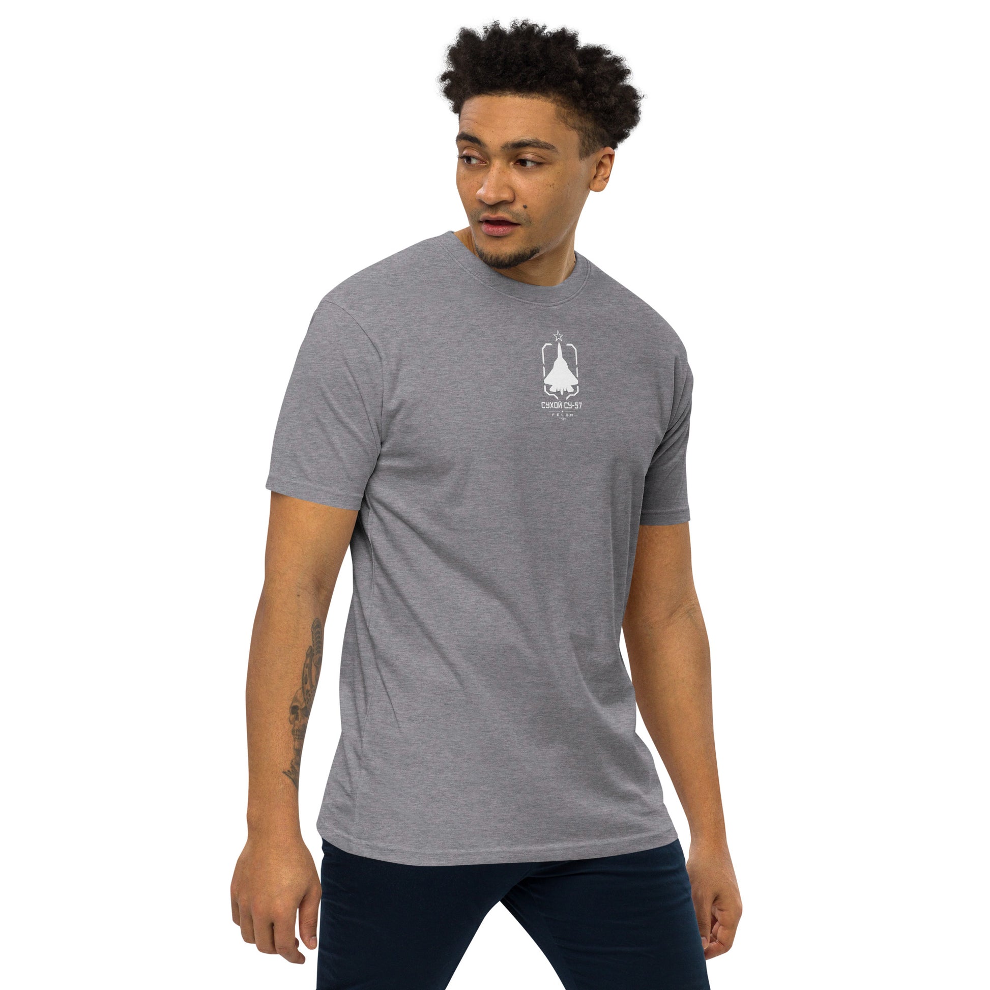 Hand-drawn front nose canopy study of the Sukhoi Su-57 Felon printed on a premium t-shirt.