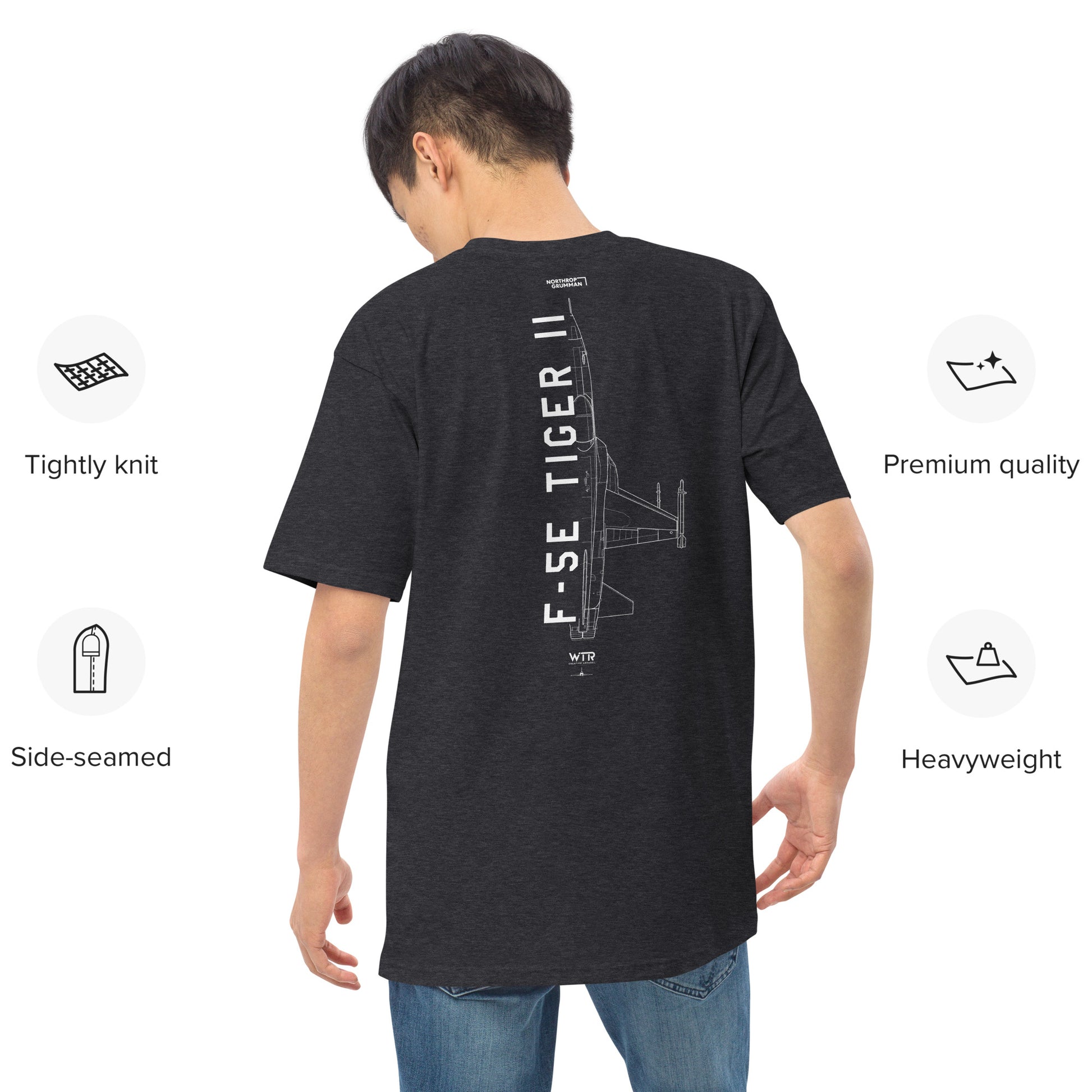 Hand-drawn technical schematic of the Northrop F-5E Tiger II Cold War fighter jet printed on a premium t-shirt.