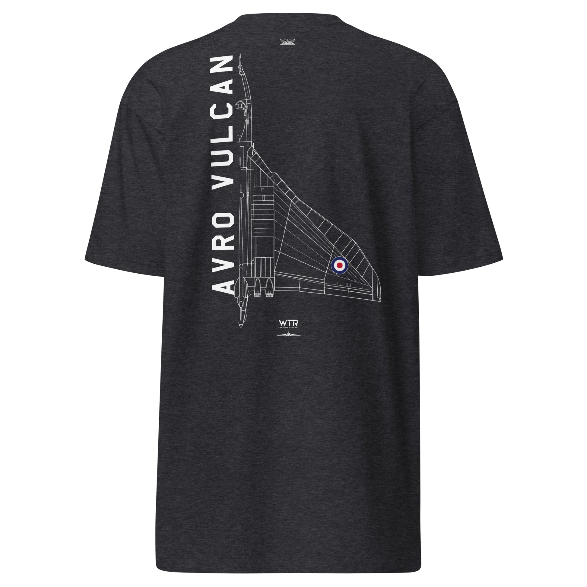 Hand-drawn technical schematic of the Avro Vulcan Cold War strategic bomber printed on a premium t-shirt.