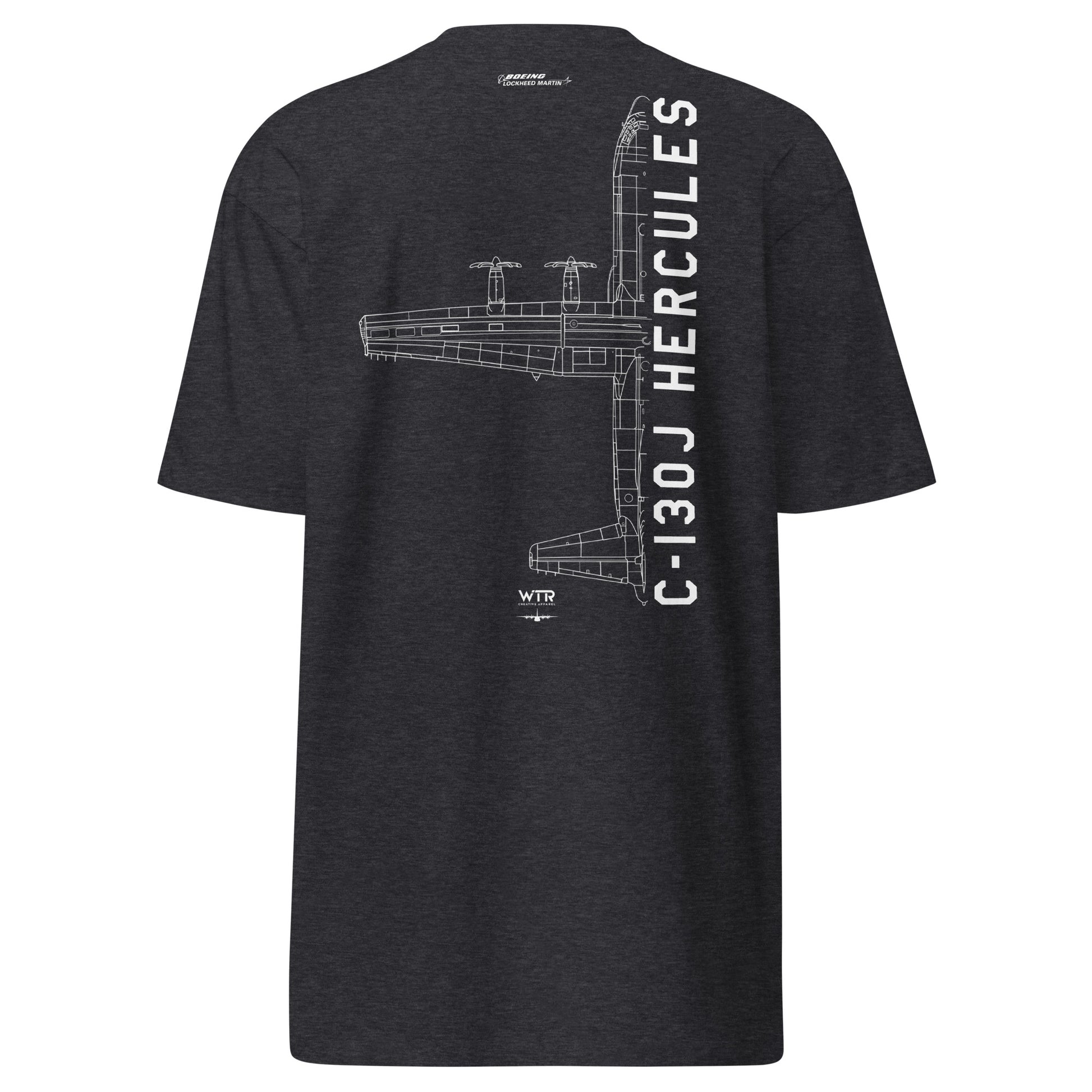 Hand-drawn technical schematic of the Lockheed Martin C-130J Hercules military transport aircraft on a premium t-shirt.