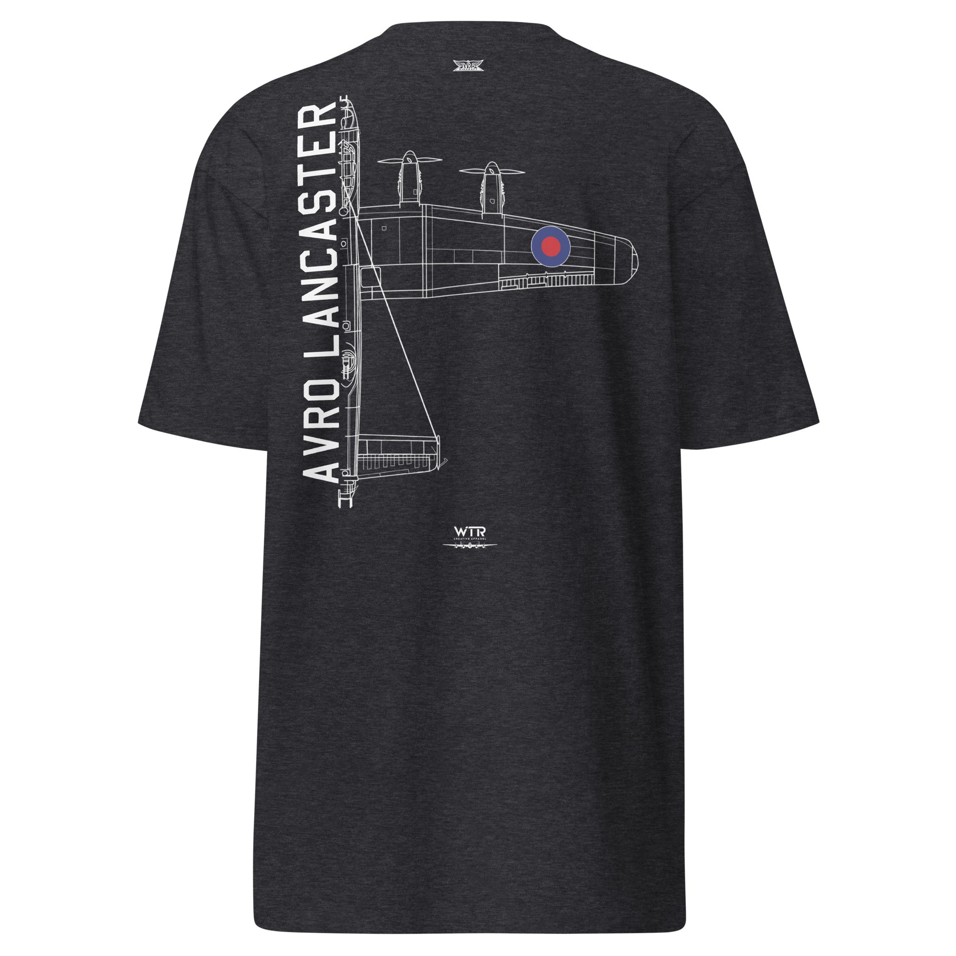 Hand-drawn technical schematic of the Avro Lancaster B Mk III WWII strategic bomber on a premium t-shirt.