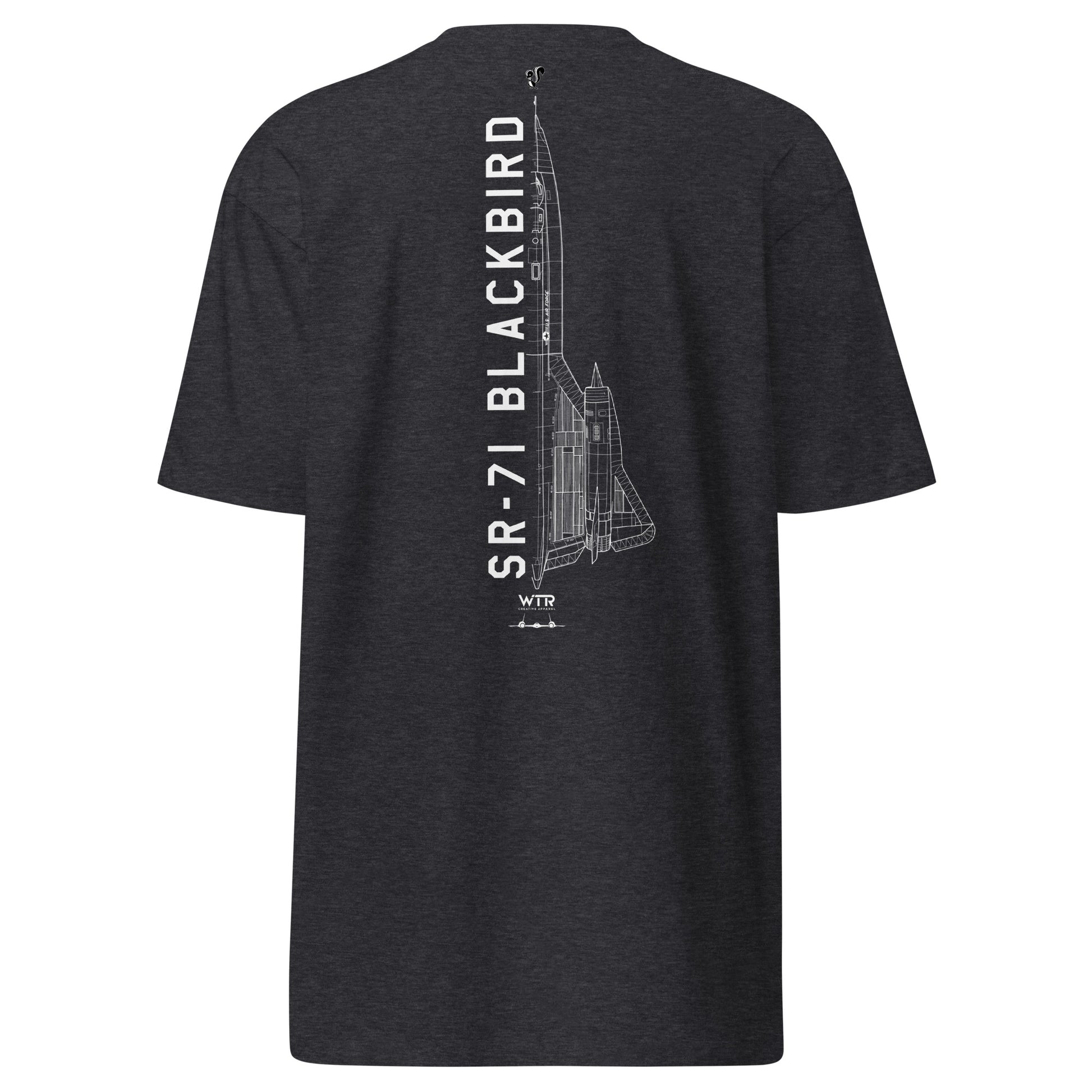 Hand-drawn technical schematic of the Lockheed Martin Skunk Works SR-71 Blackbird Habu on a premium t-shirt.