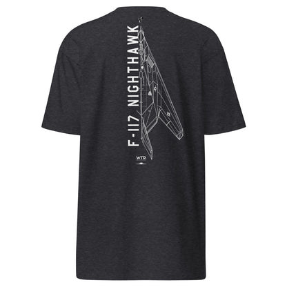 LOCKHEED MARTIN SKUNK WORKS F-117 NIGHTHAWK — hand-drawn ATTACK AIRCRAFT artwork printed on heavyweight T-shirt.
