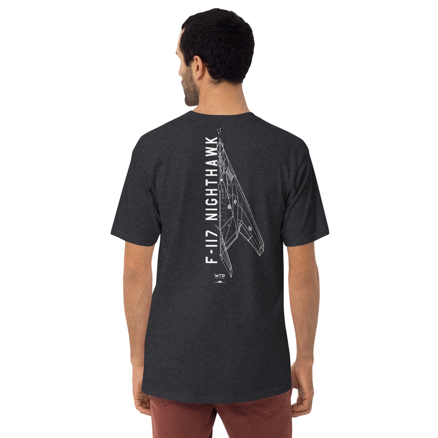 LOCKHEED MARTIN SKUNK WORKS F-117 NIGHTHAWK — hand-drawn ATTACK AIRCRAFT artwork printed on heavyweight T-shirt.