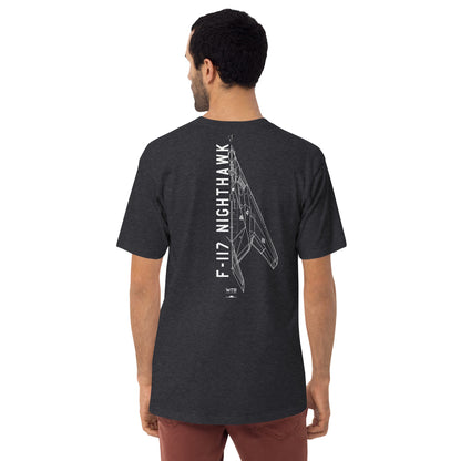 LOCKHEED MARTIN SKUNK WORKS F-117 NIGHTHAWK — hand-drawn ATTACK AIRCRAFT artwork printed on heavyweight T-shirt.