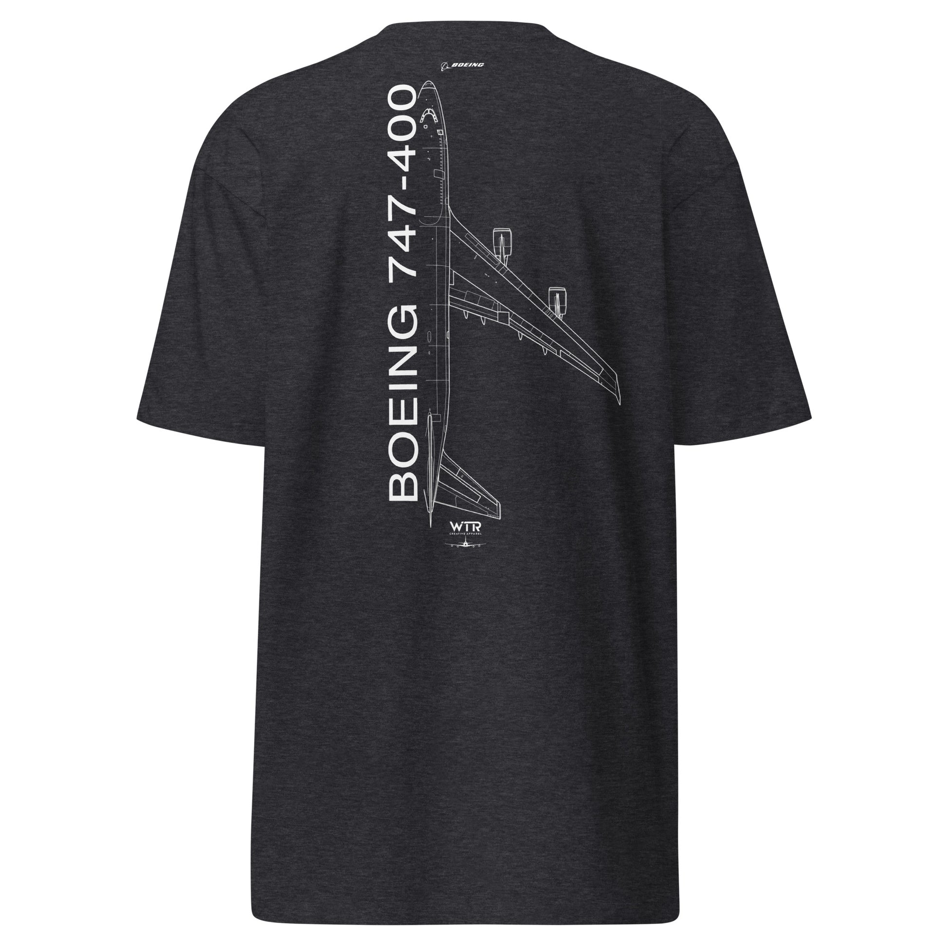 Hand-drawn technical schematic of the Boeing 747-400 Jumbo Jet passenger airliner on a premium t-shirt.