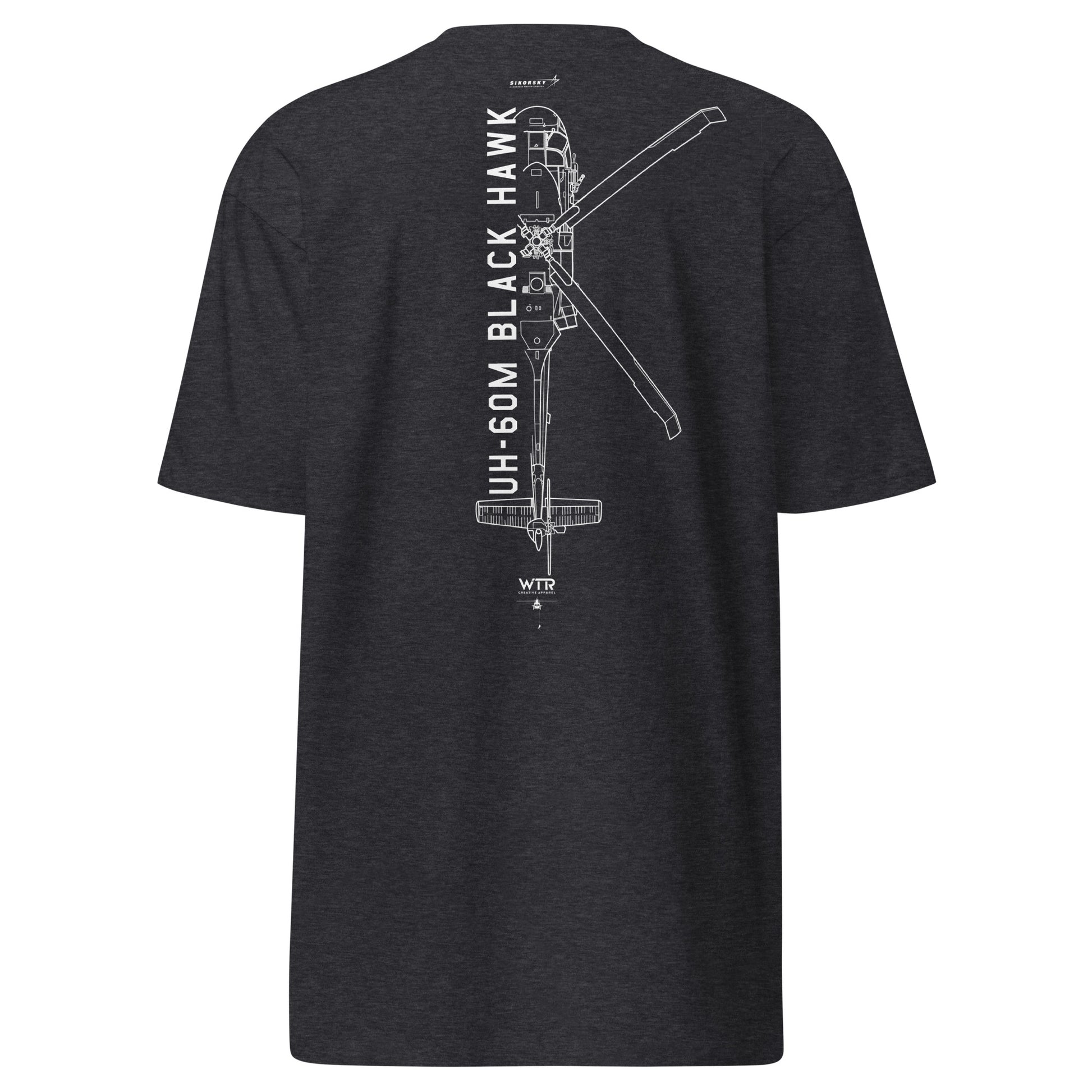 Hand-drawn technical schematic of the Sikorsky UH-60M Black Hawk military helicopter on a premium t-shirt.