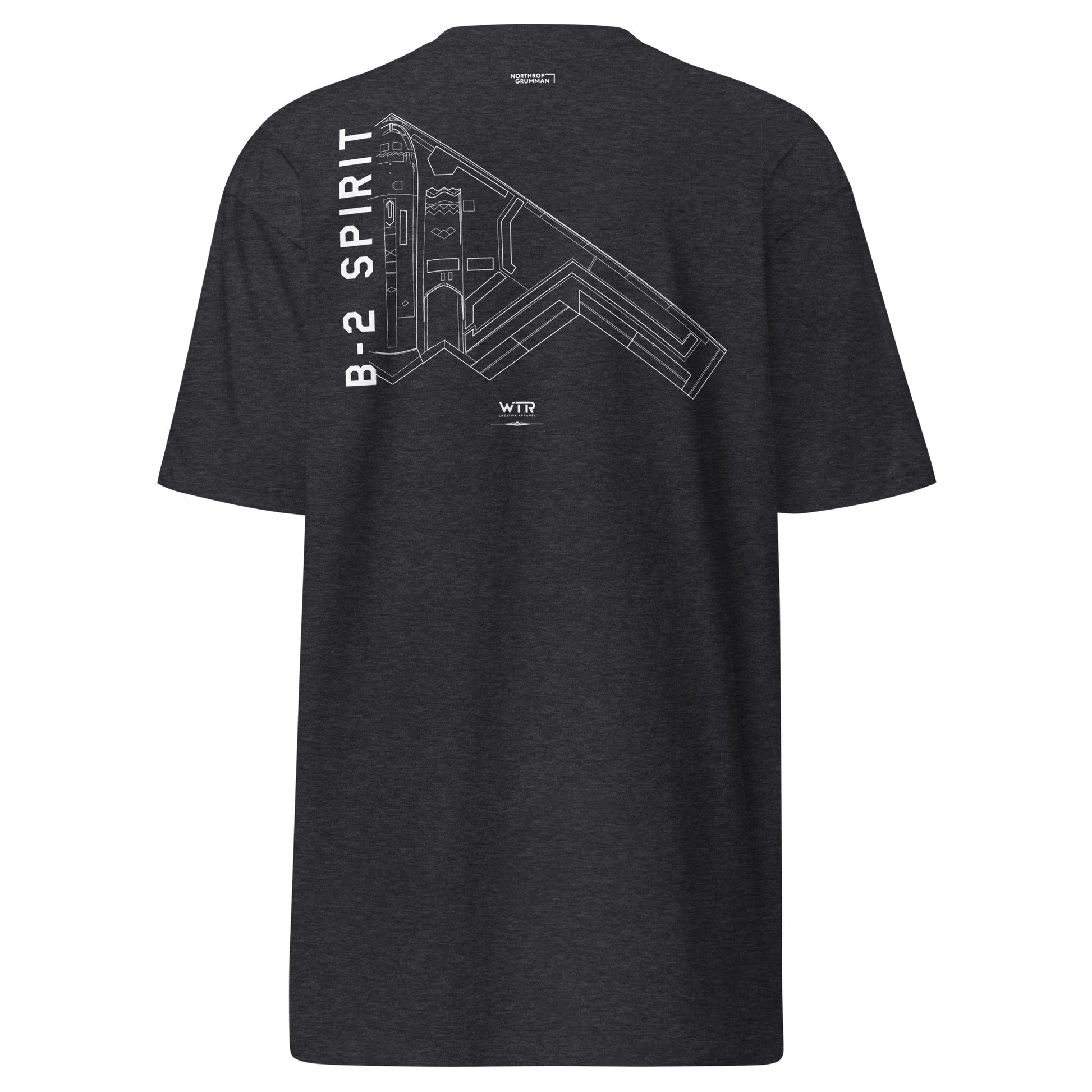 Hand-drawn technical schematic of the Northrop Grumman B-2 Spirit stealth bomber printed on a premium t-shirt.