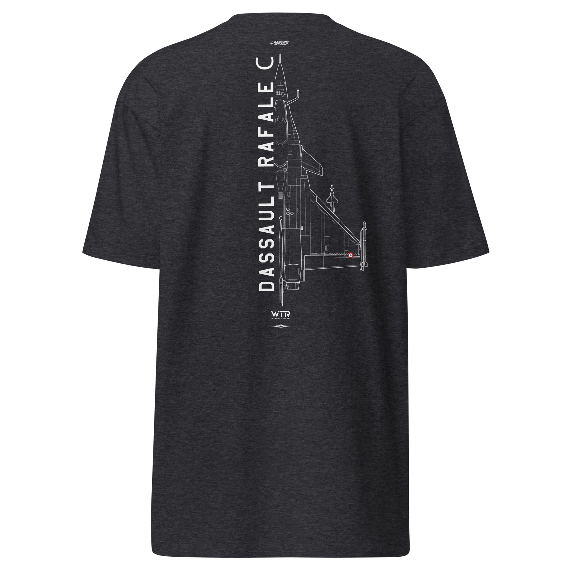 Hand-drawn technical schematic of the Dassault Rafale C French Air Force air supremacy fighter on a premium t-shirt.