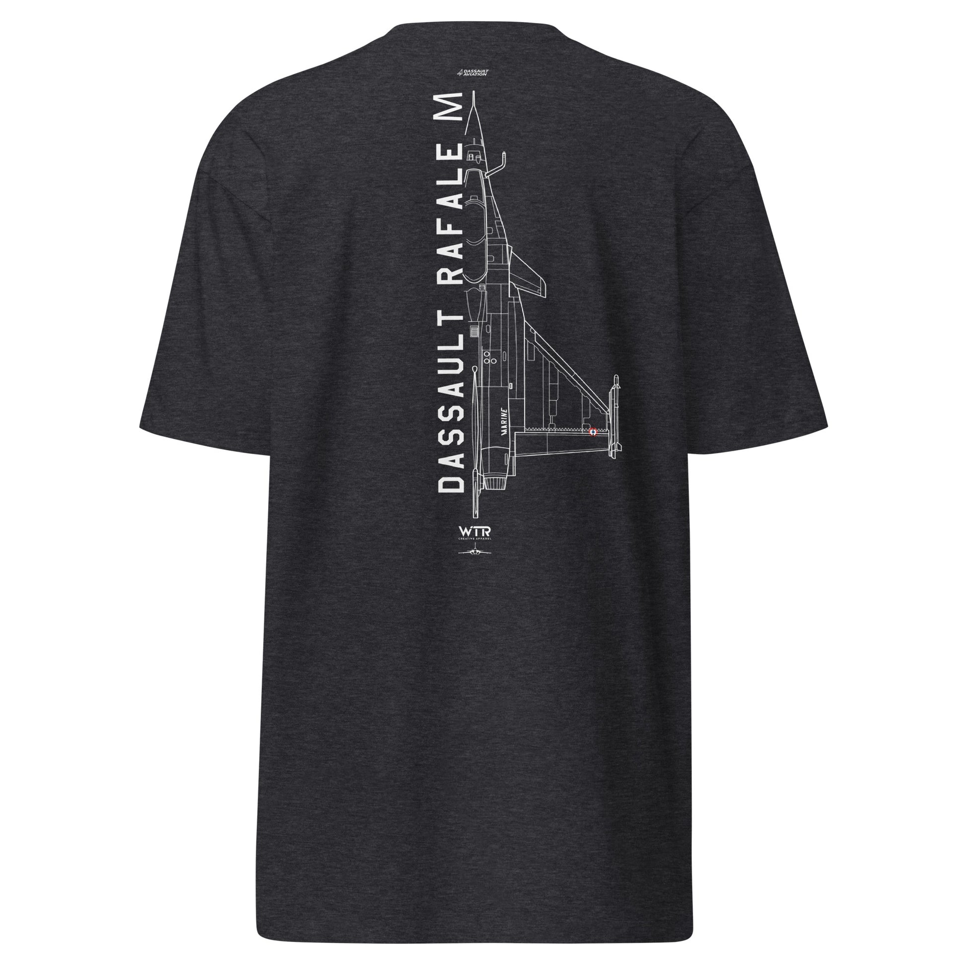 Hand-drawn technical schematic of the Dassault Rafale M Marine Nationale carrier fighter on a premium t-shirt.
