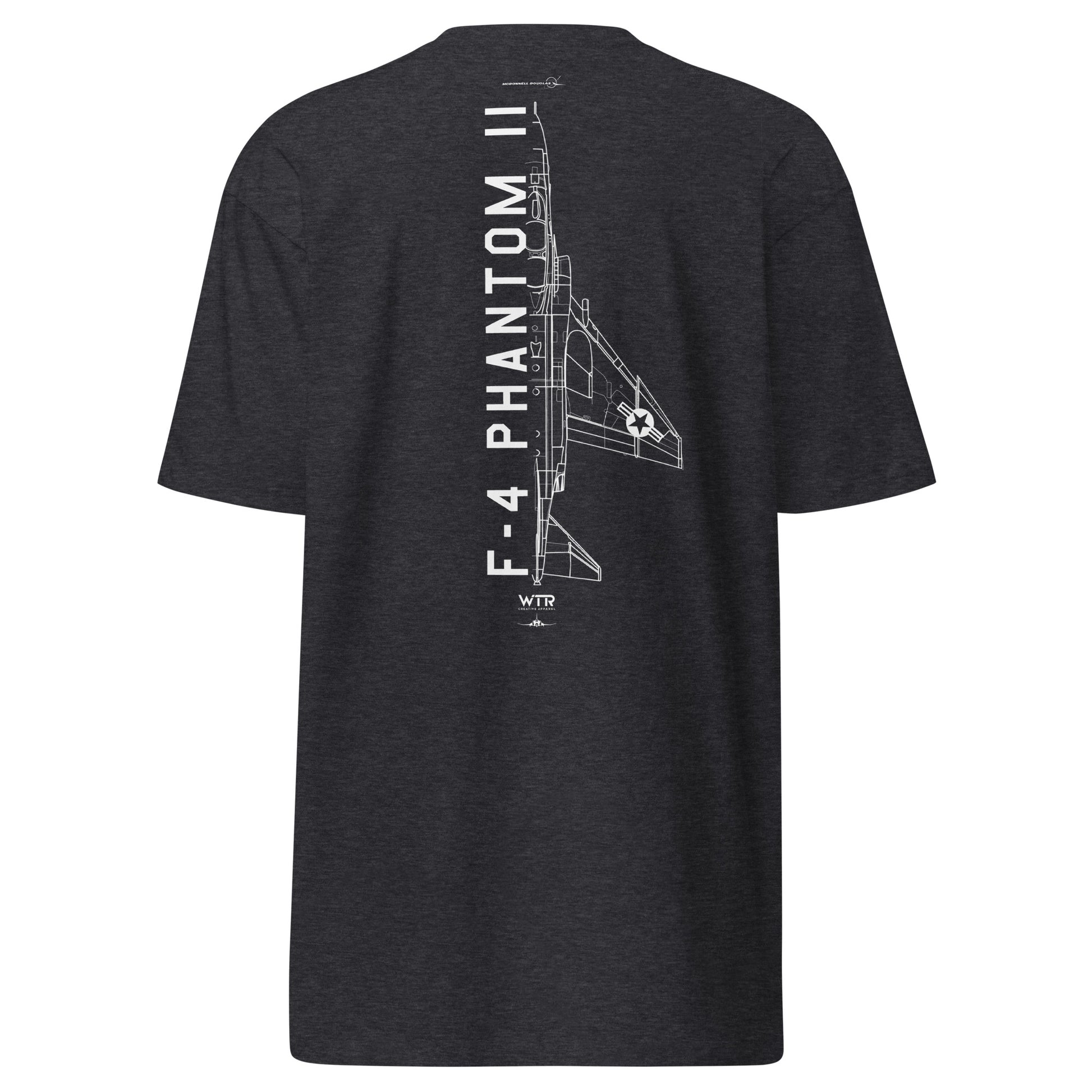 Hand-drawn technical schematic of the McDonnell Douglas F-4 Phantom II carrier-based interceptor on a premium t-shirt.