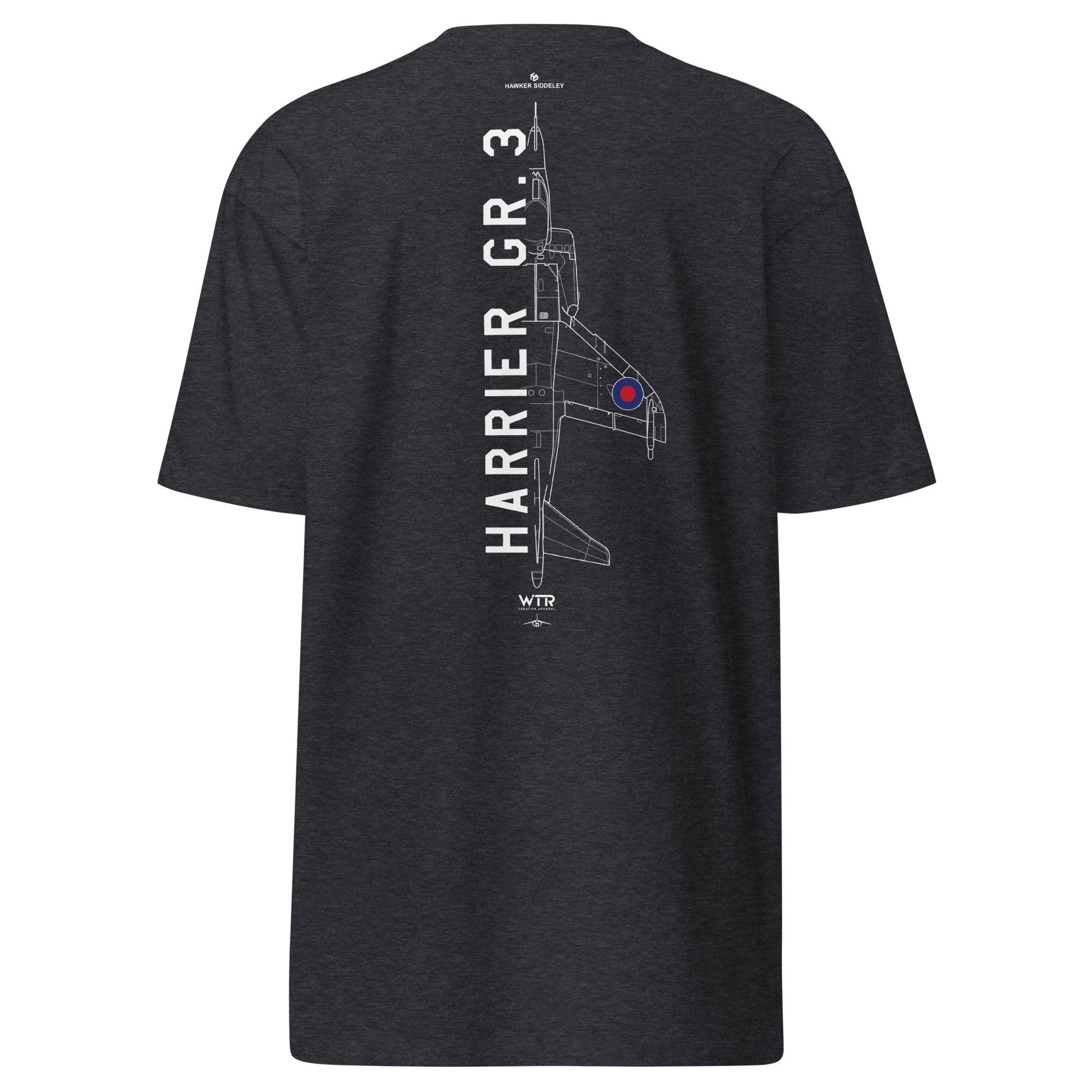 Hand-drawn technical schematic of the Hawker Harrier GR.3 RAF VTOL vertical takeoff jet on a premium t-shirt.
