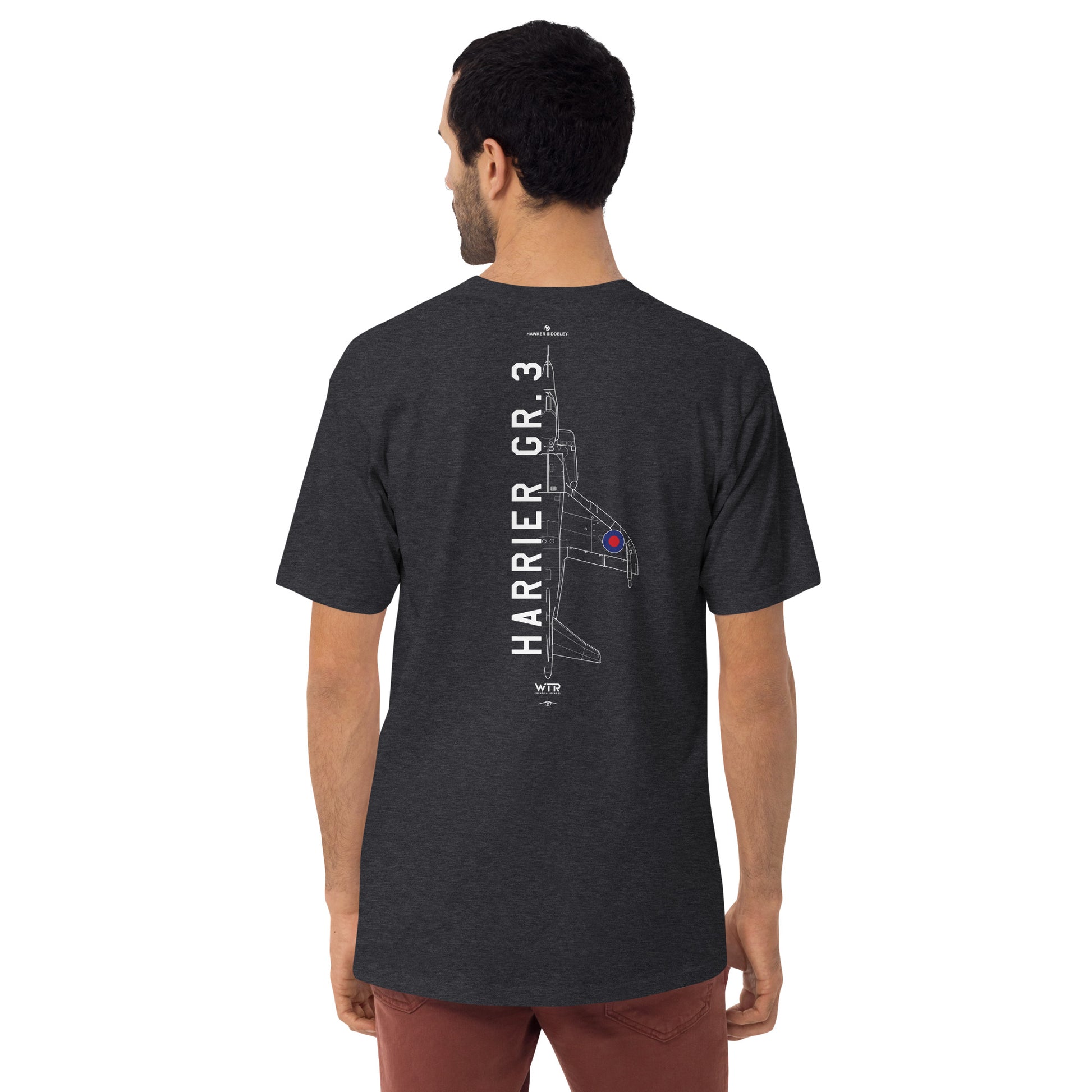HAWKER HARRIER GR.3 - VERTICAL TAKE-OFF FIGHTER — hand-drawn artwork printed on heavyweight T-shirt.