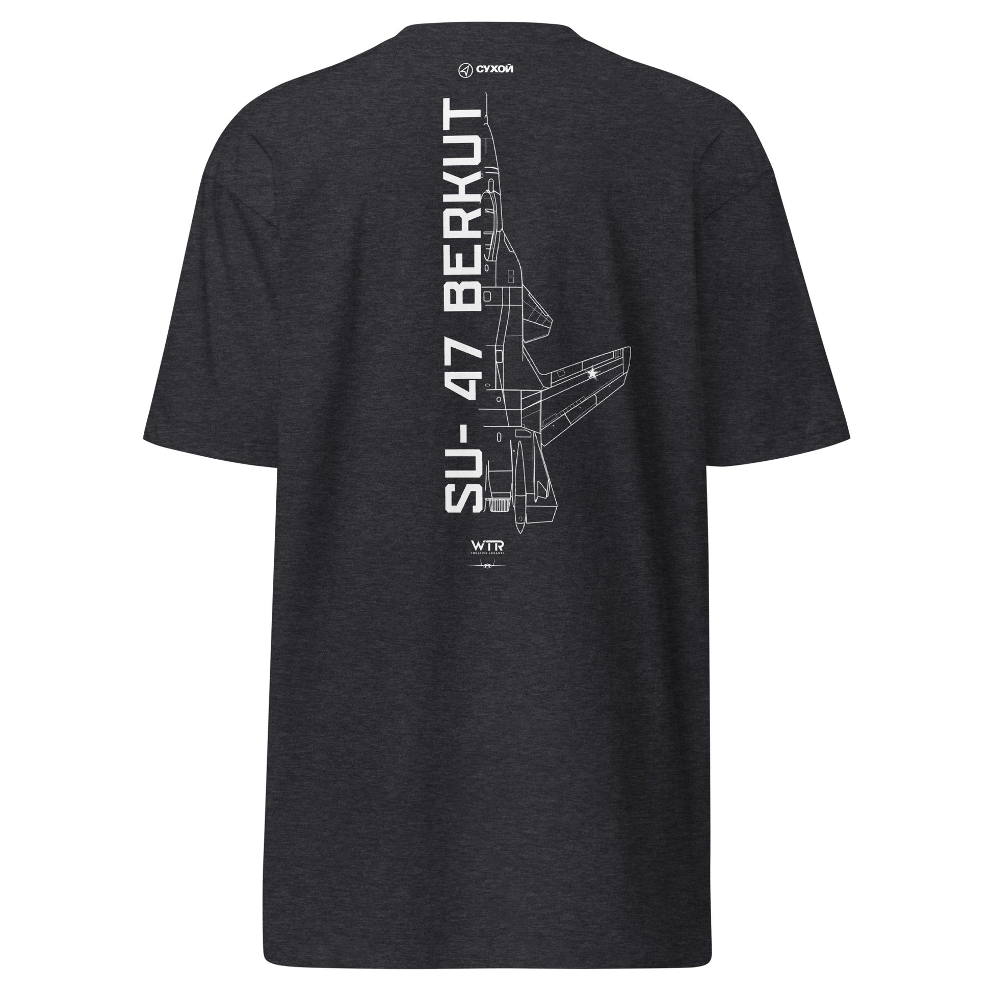 Hand-drawn technical schematic of the Sukhoi SU-47 Berkut Golden Eagle forward-swept fighter on a premium t-shirt.