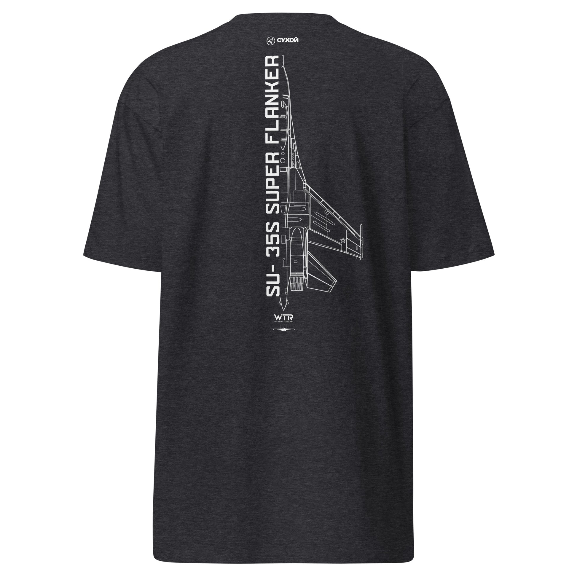 Hand-drawn technical schematic of the Sukhoi SU-35S Super Flanker supermaneuverable fighter on a premium t-shirt.