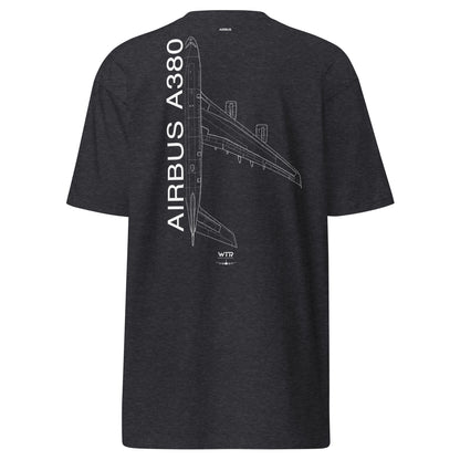 AIRBUS A380 SUPERJUMBO — hand-drawn airliner schematic artwork printed on heavyweight T-shirt.