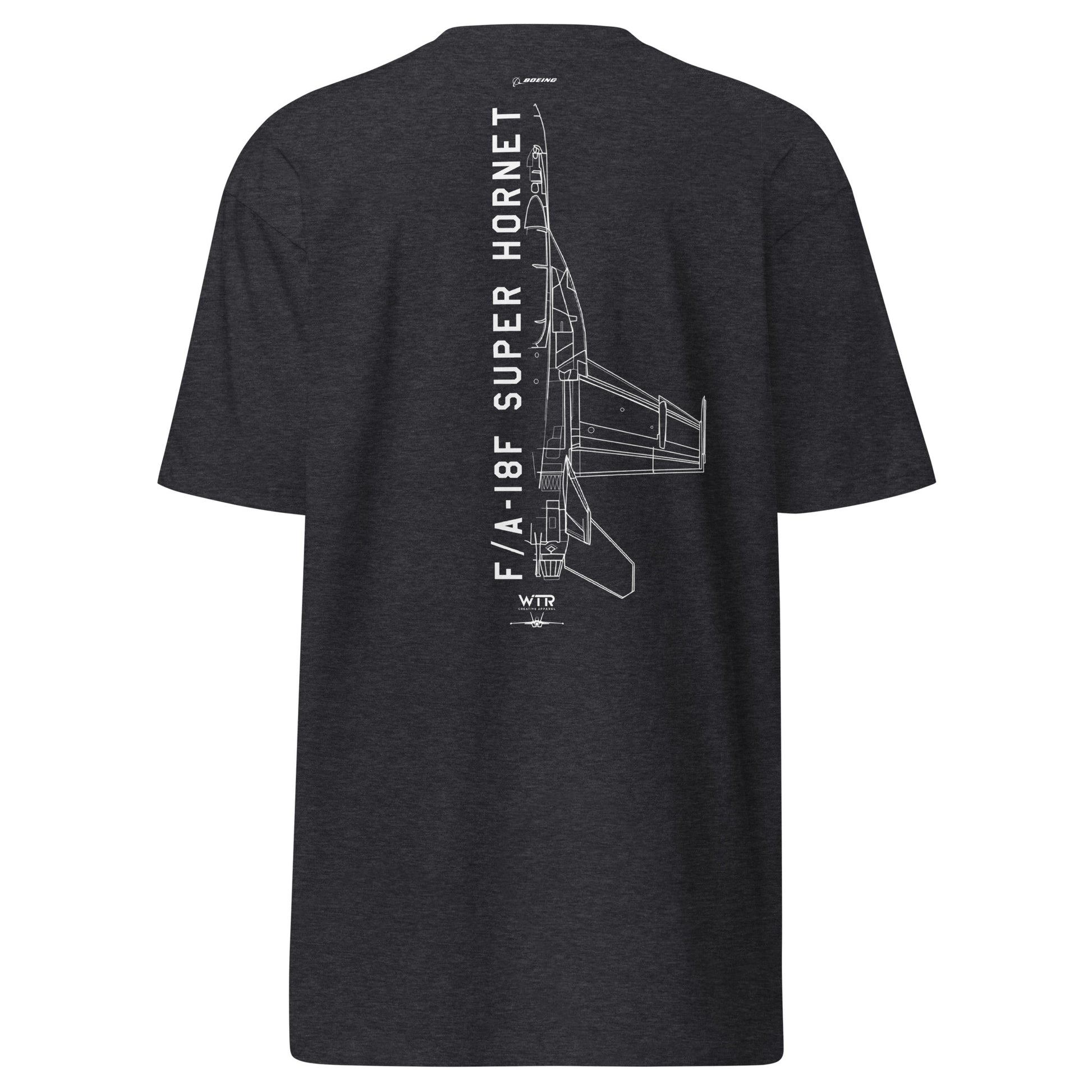 Hand-drawn technical schematic of the Boeing F/A-18F Super Hornet naval fighter printed on a premium t-shirt.