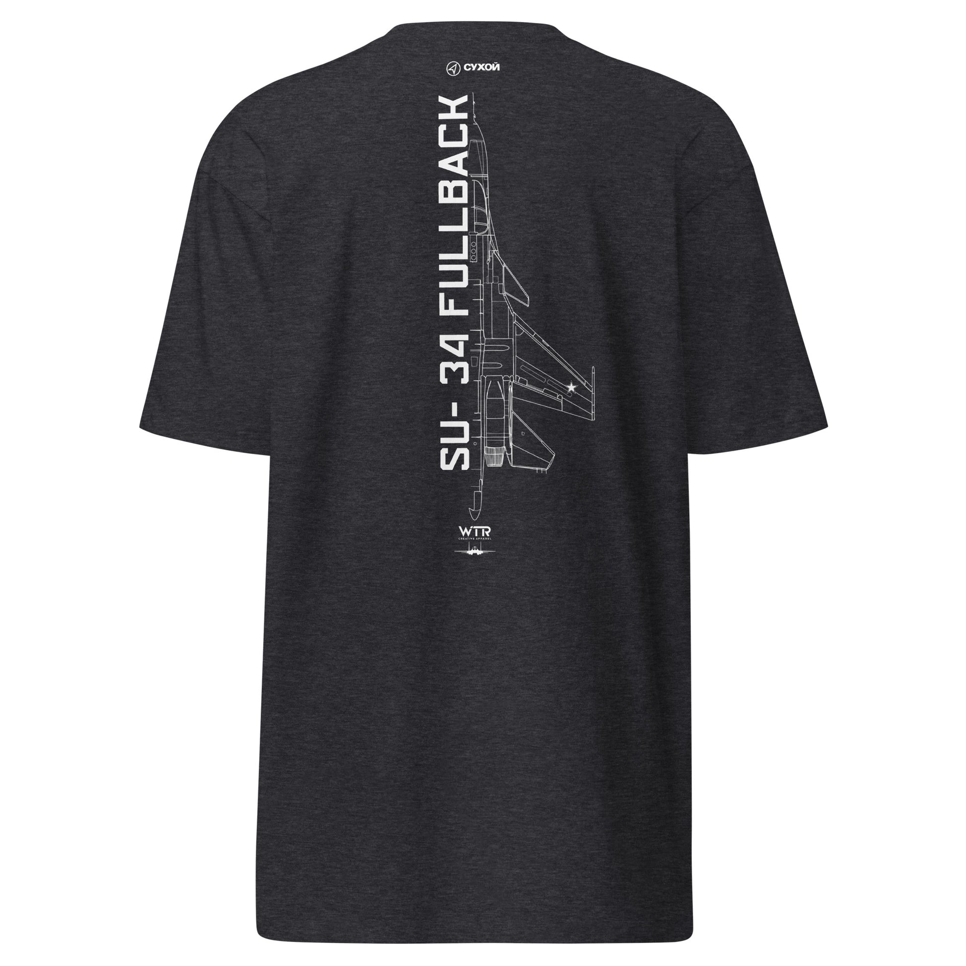 Hand-drawn technical schematic of the Sukhoi SU-34 Fullback fighter-bomber printed on a premium t-shirt.