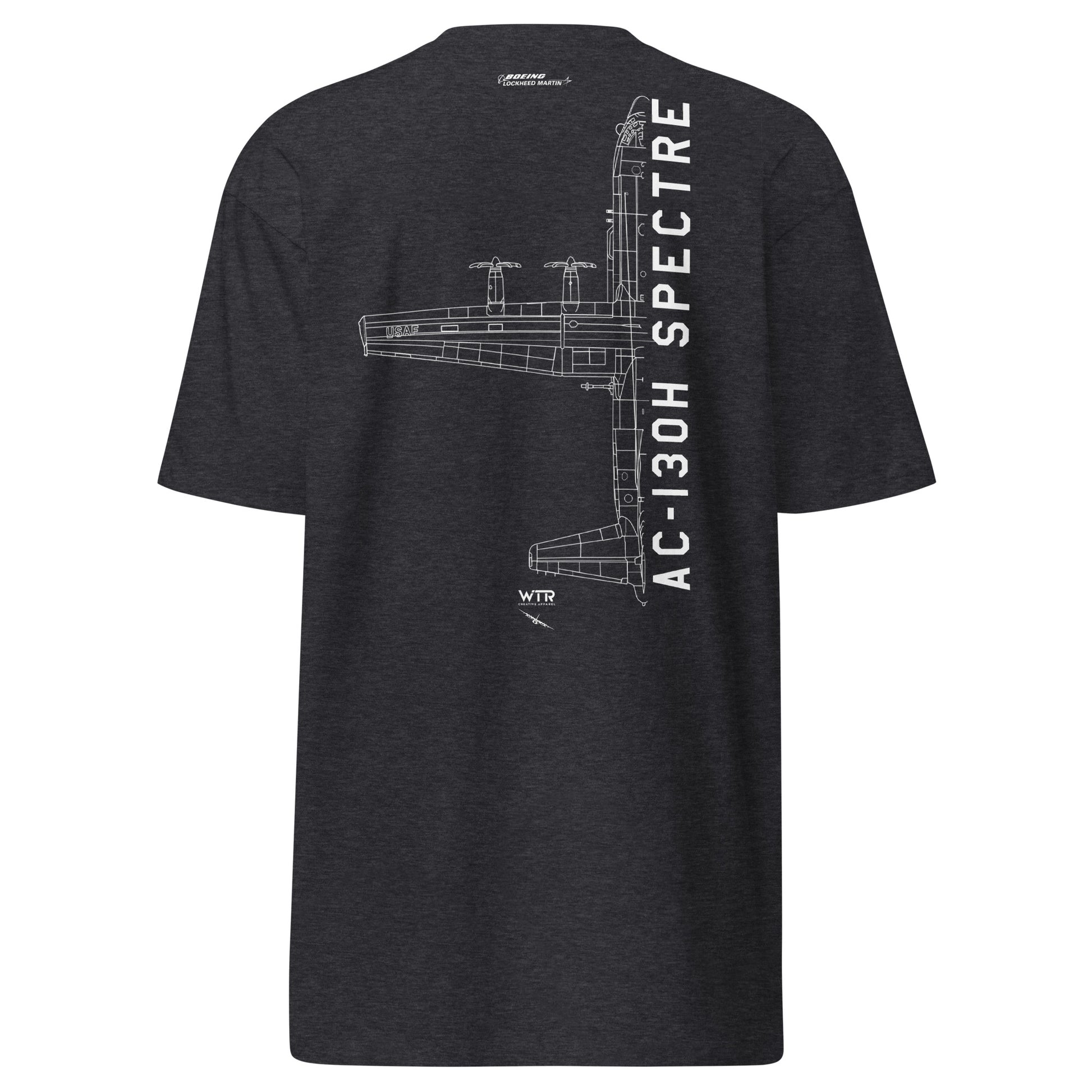 Hand-drawn technical schematic of the Lockheed Martin AC-130H Spectre gunship printed on a premium t-shirt.