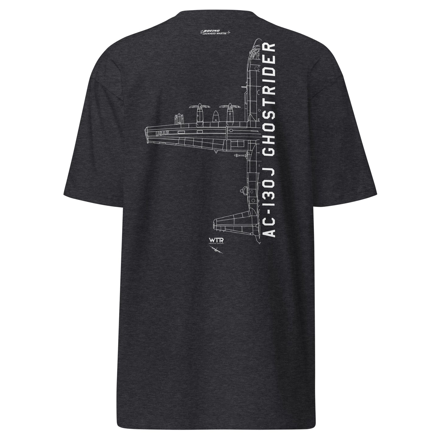 LOCKHEED MARTIN AC-130J GHOSTRIDER GUNSHIP — hand-drawn artwork printed on heavyweight T-shirt.