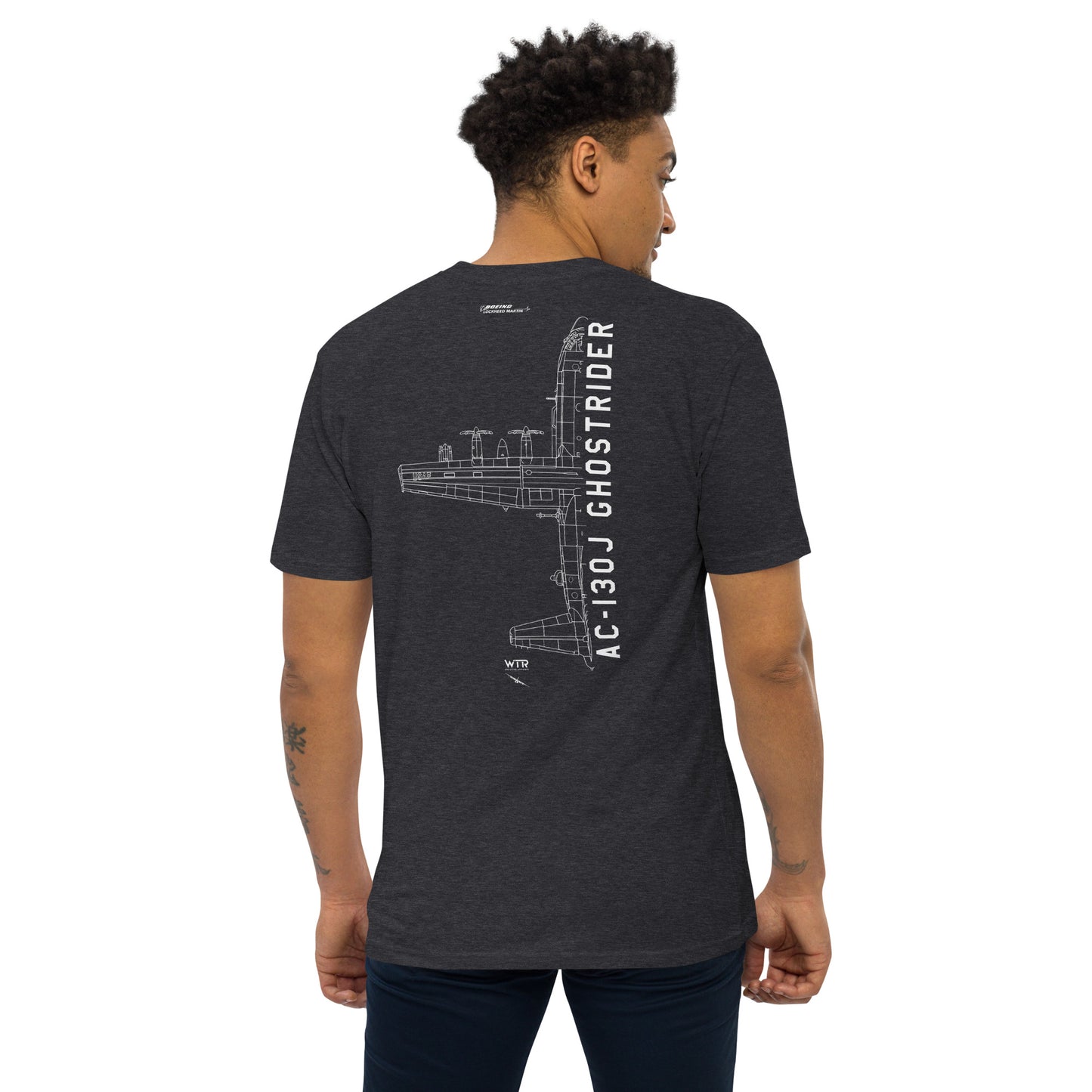 LOCKHEED MARTIN AC-130J GHOSTRIDER GUNSHIP — hand-drawn artwork printed on heavyweight T-shirt.