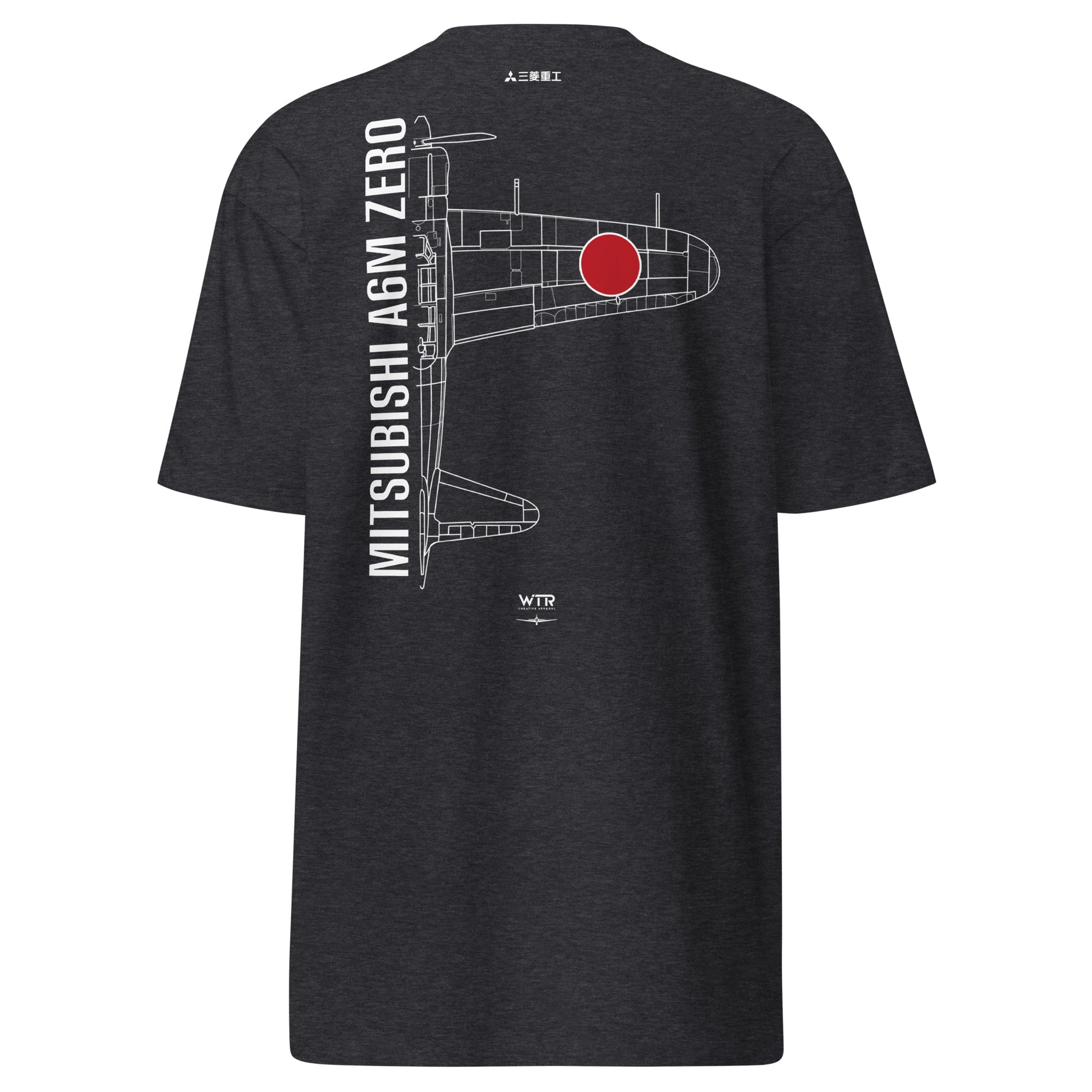 Hand-drawn technical schematic of the Mitsubishi A6M Zero Imperial Japanese Navy WWII fighter on a premium t-shirt.
