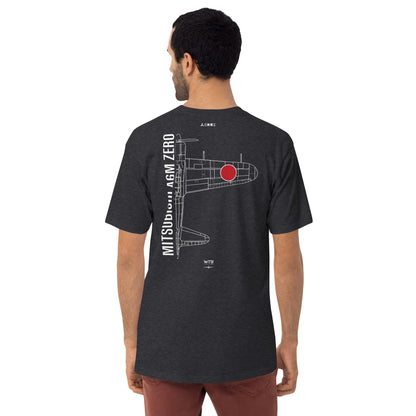 MITSUBISHI A6M ZERO - JAPANESE IMPERIAL NAVY — hand-drawn WWII FIGHTER artwork printed on heavyweight T-shirt.