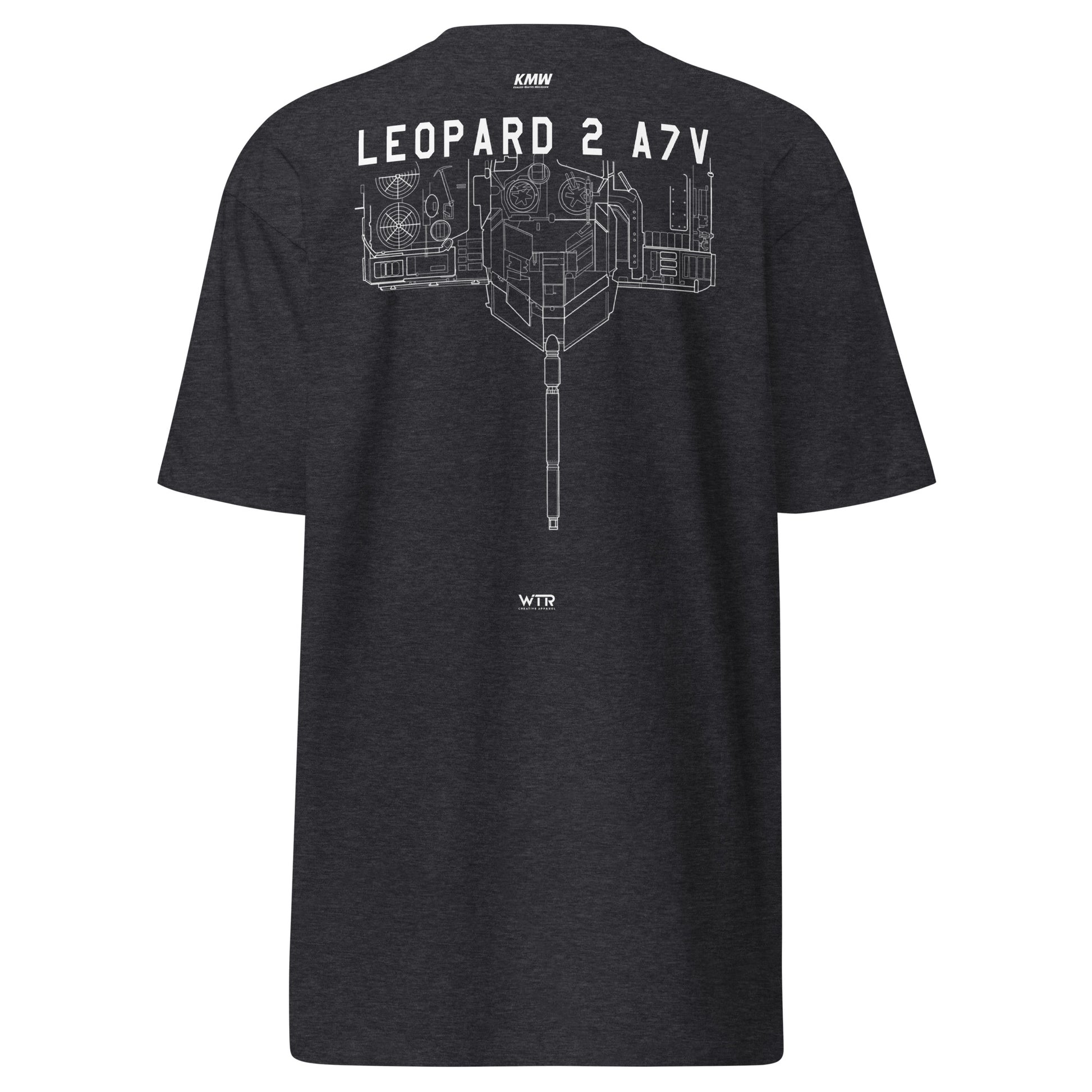 Hand-drawn technical schematic of the Krauss-Maffei Leopard 2 A7V German Main Battle Tank on a premium t-shirt.