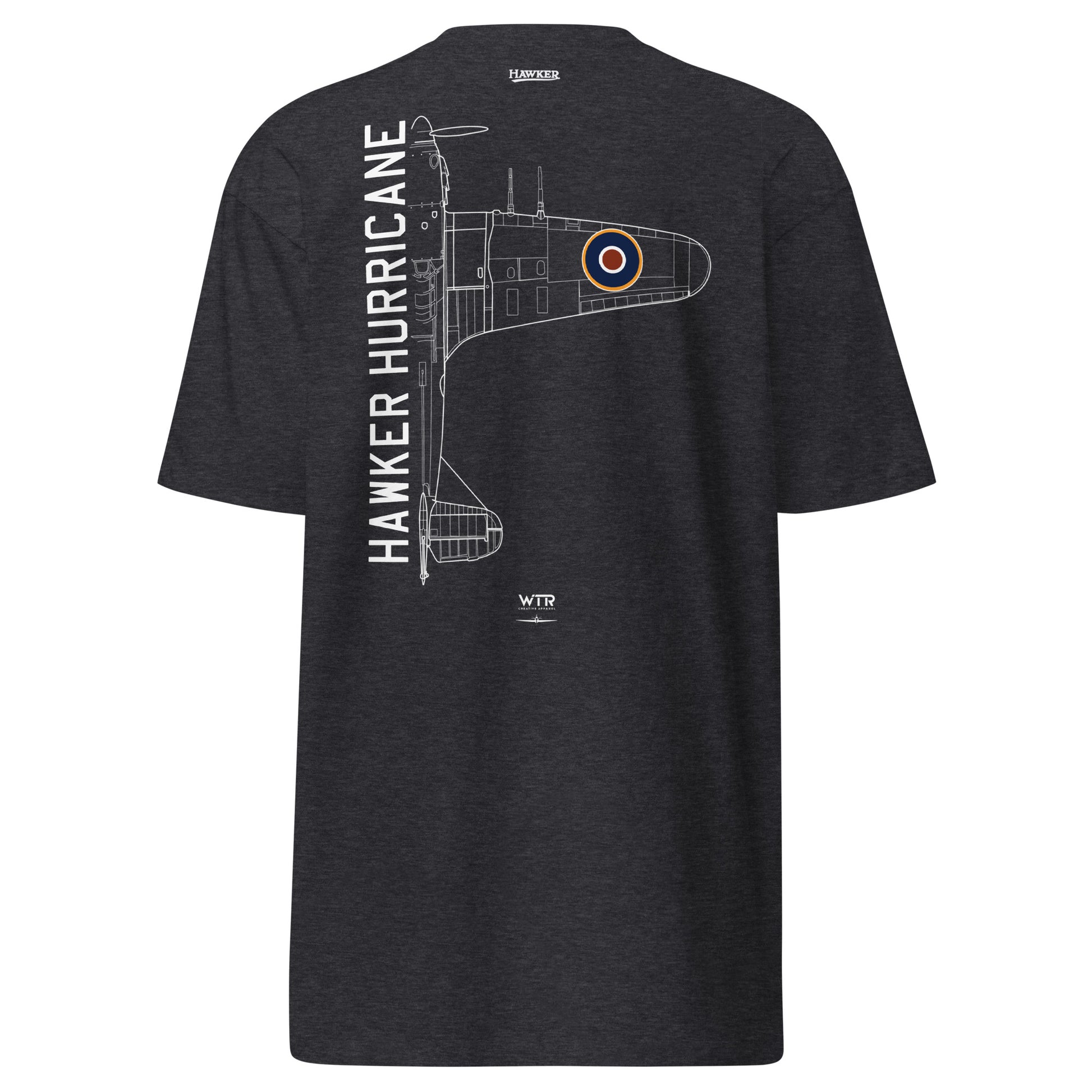 Hand-drawn technical schematic of the Hawker Hurricane WWII RAF Battle of Britain fighter on a premium t-shirt.