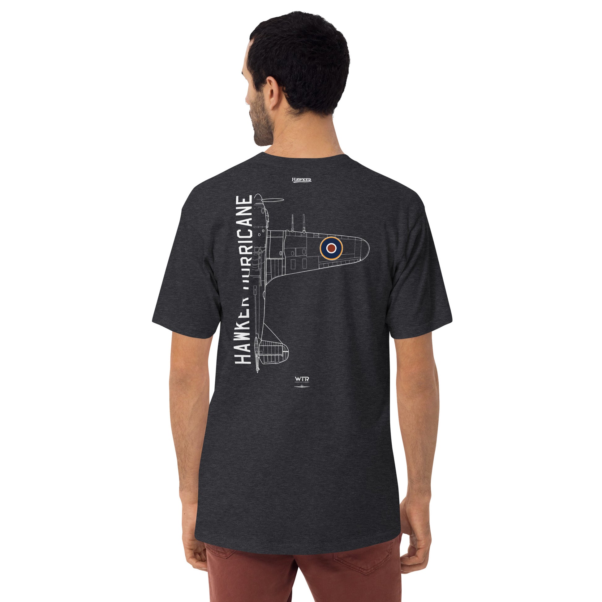 HAWKER HURRICANE - BATTLE OF BRITAIN — hand-drawn WWII FIGHTER artwork printed on heavyweight T-shirt.