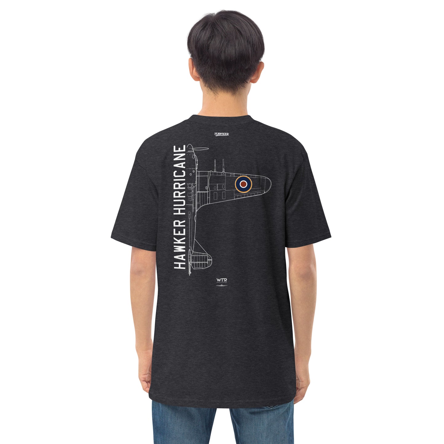 HAWKER HURRICANE - BATTLE OF BRITAIN — hand-drawn WWII FIGHTER artwork printed on heavyweight T-shirt.