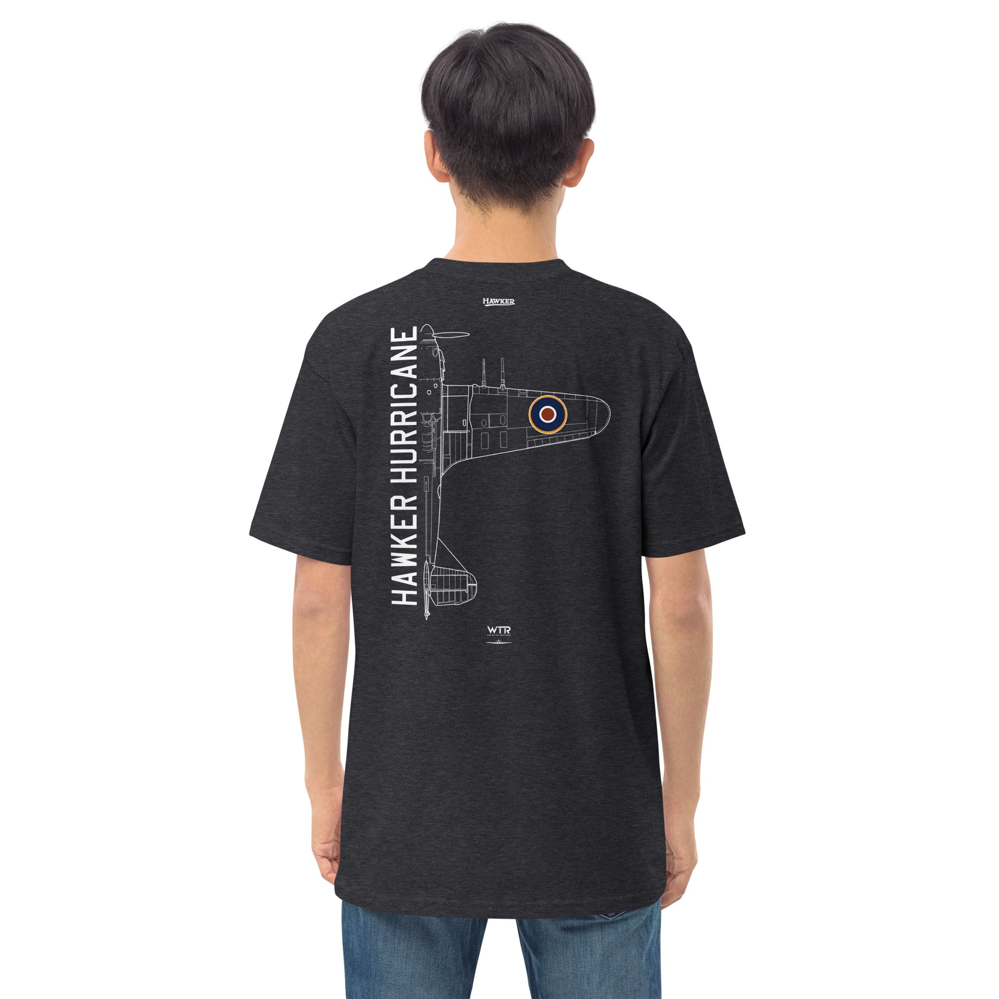 HAWKER HURRICANE - BATTLE OF BRITAIN — hand-drawn WWII FIGHTER artwork printed on heavyweight T-shirt.