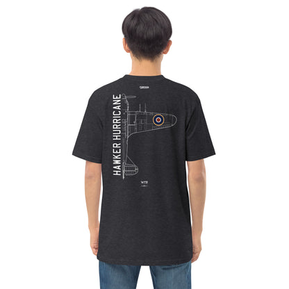 HAWKER HURRICANE - BATTLE OF BRITAIN — hand-drawn WWII FIGHTER artwork printed on heavyweight T-shirt.