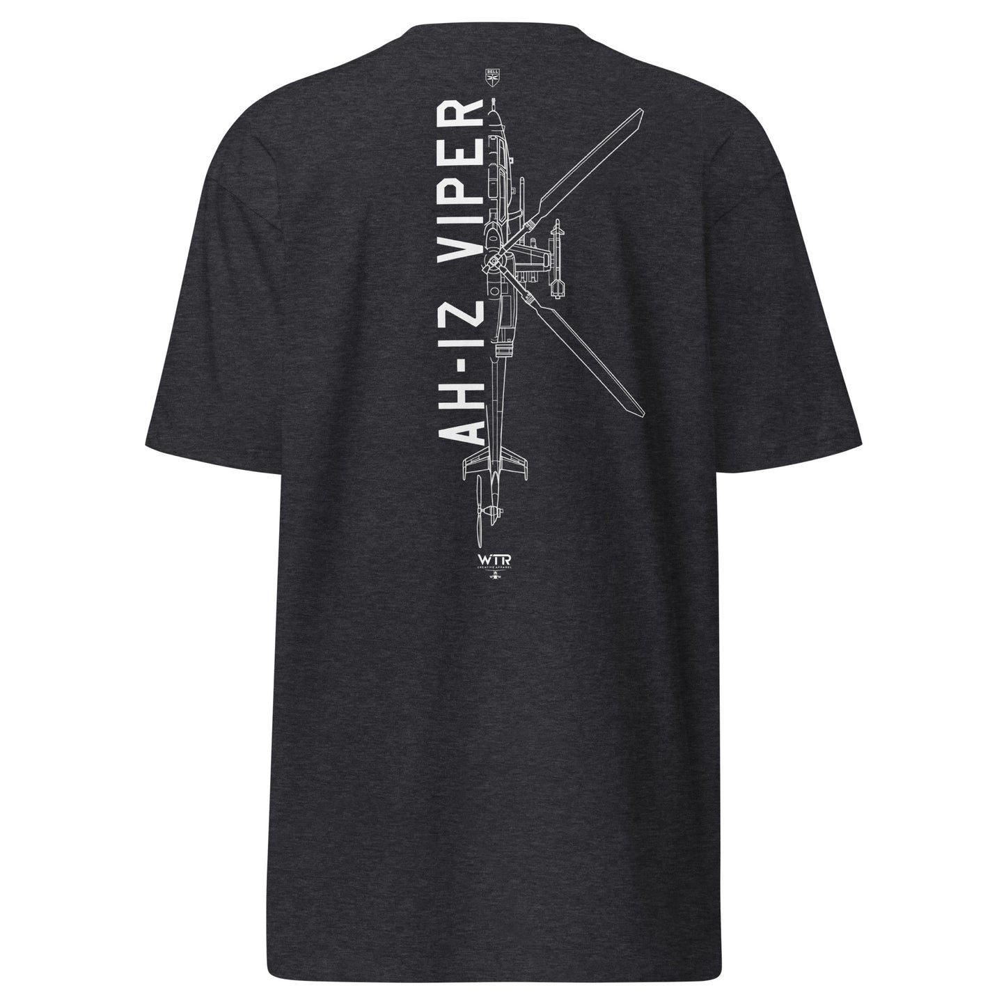 Hand-drawn schematic of the BELL AH-1Z VIPER ATTACK HELICOPTER printed on a heavyweight T-shirt.