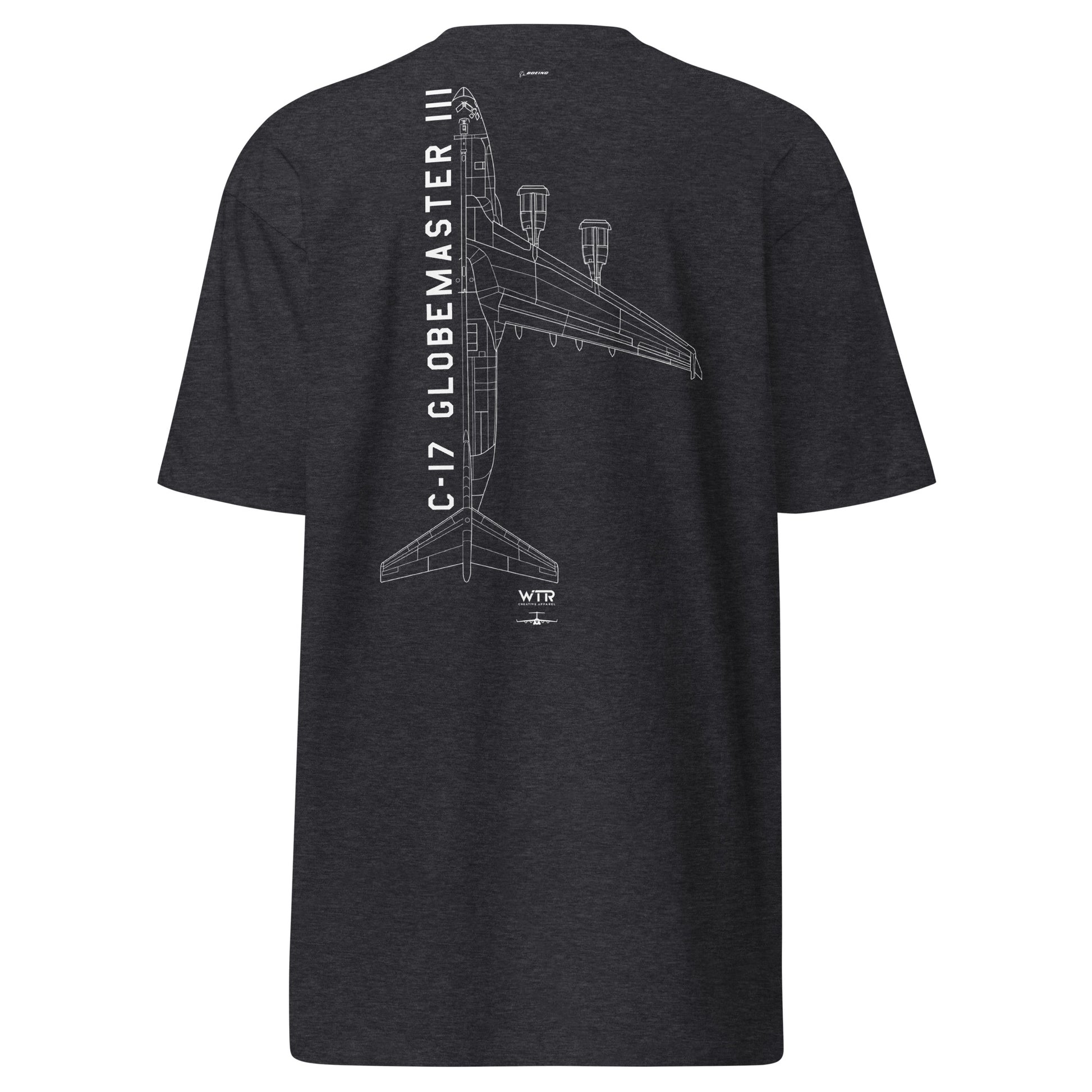 Hand-drawn technical schematic of the Boeing C-17 Globemaster III military transport aircraft on a premium t-shirt.