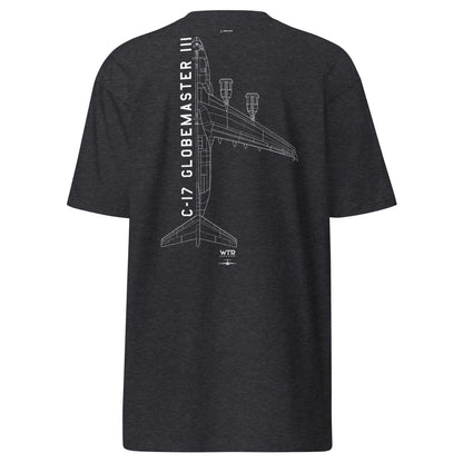 BOEING C-17 GLOBEMASTER III — hand-drawn military transport artwork printed on heavyweight T-shirt.