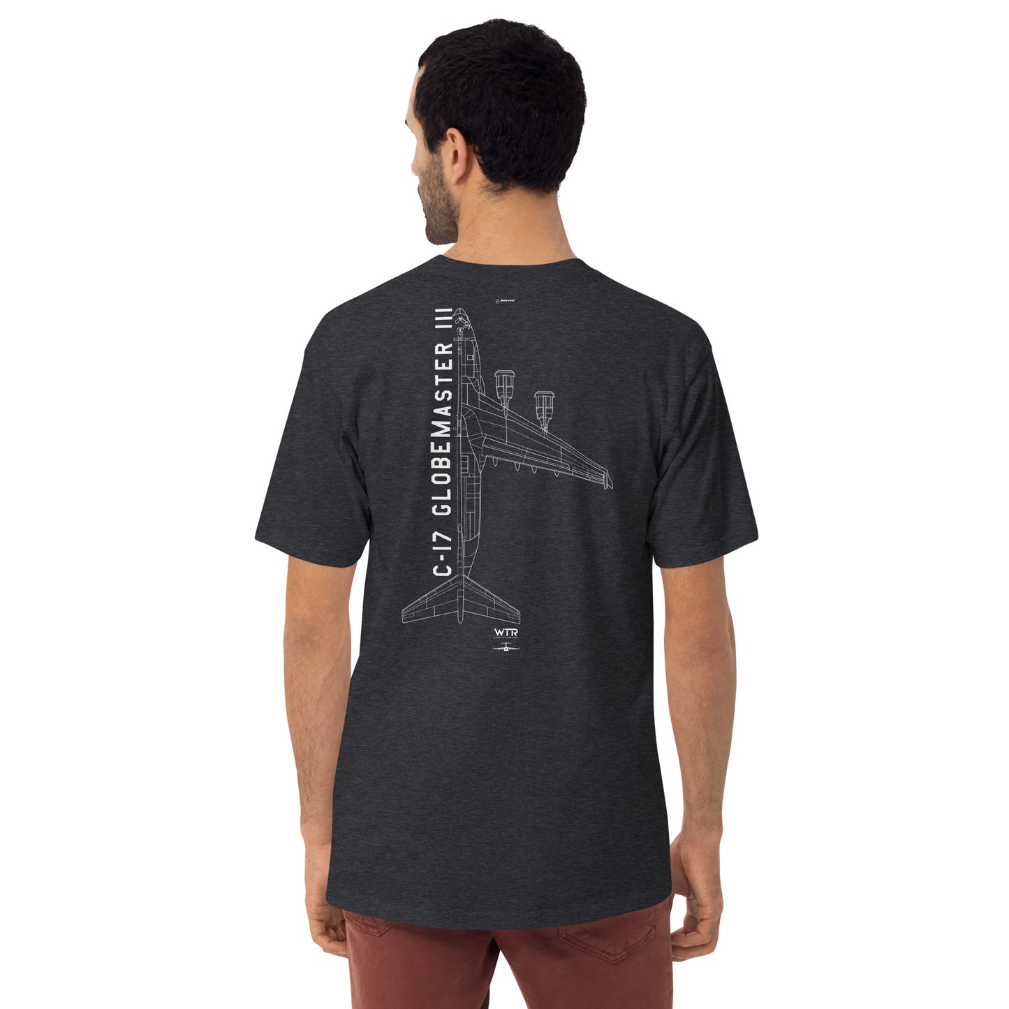 BOEING C-17 GLOBEMASTER III — hand-drawn military transport artwork printed on heavyweight T-shirt.