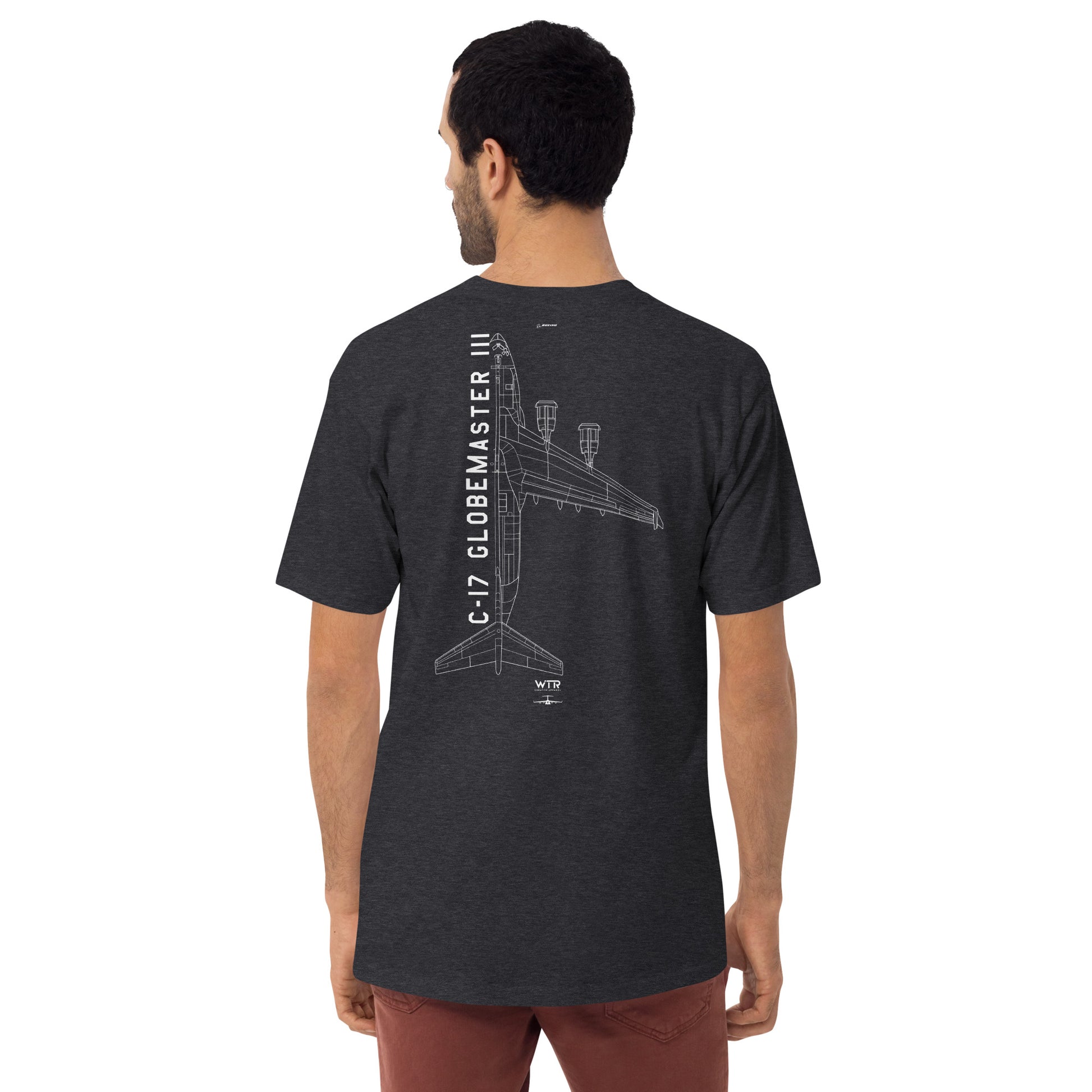 BOEING C-17 GLOBEMASTER III — hand-drawn military transport artwork printed on heavyweight T-shirt.