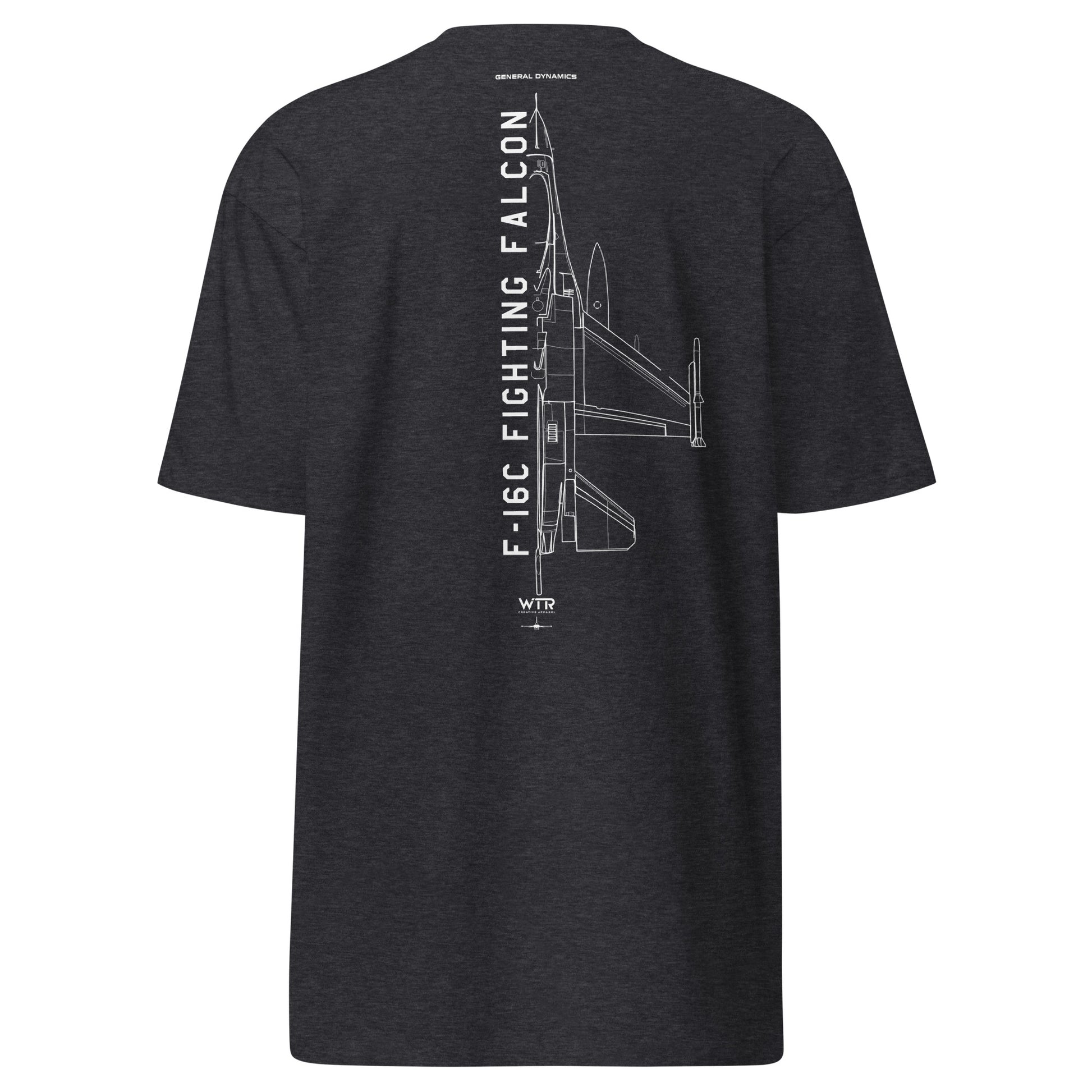 Hand-drawn technical schematic of the General Dynamics F-16C Fighting Falcon Block 52 on a premium t-shirt.
