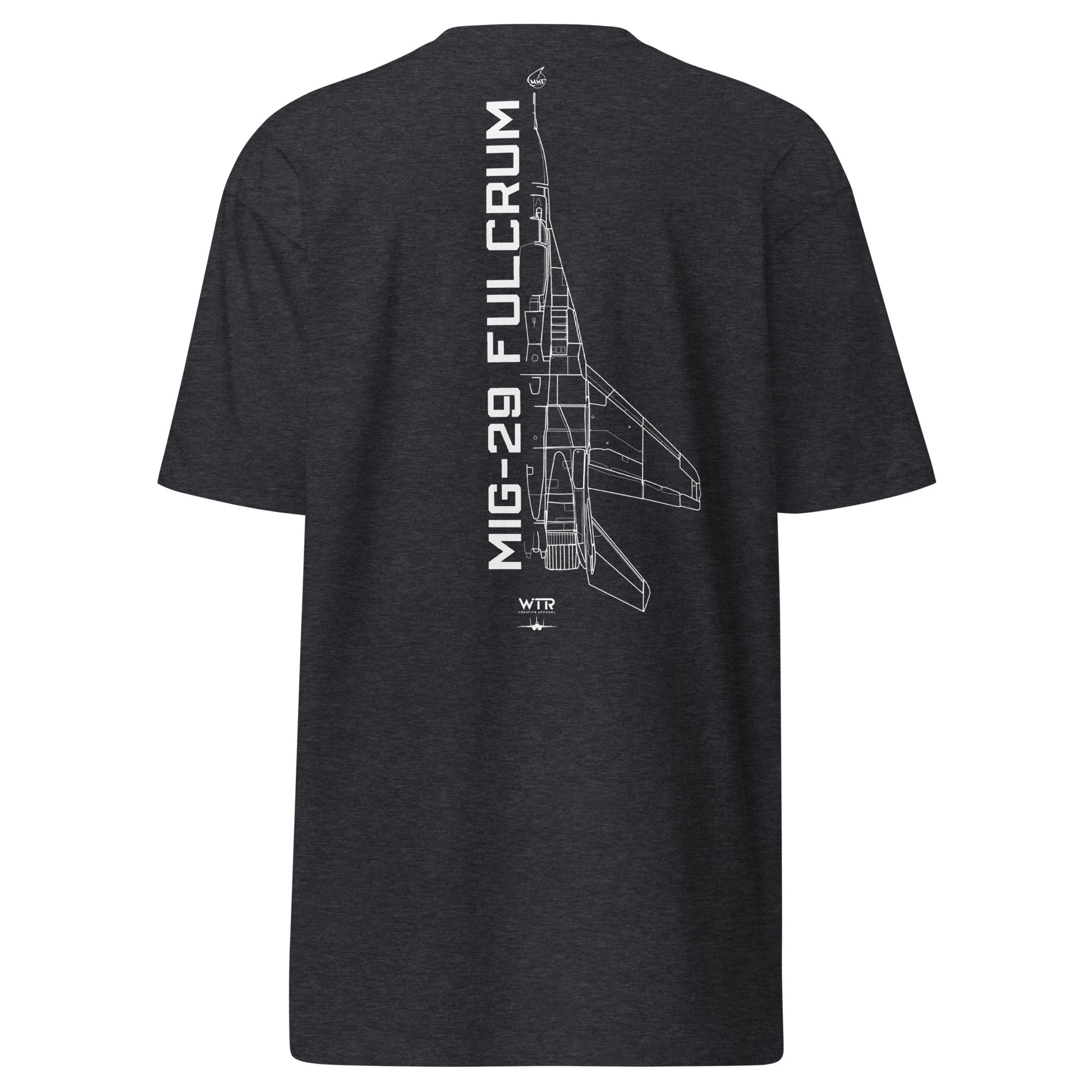 Hand-drawn technical schematic of the Mikoyan MiG-29 Fulcrum air superiority fighter on a premium t-shirt.
