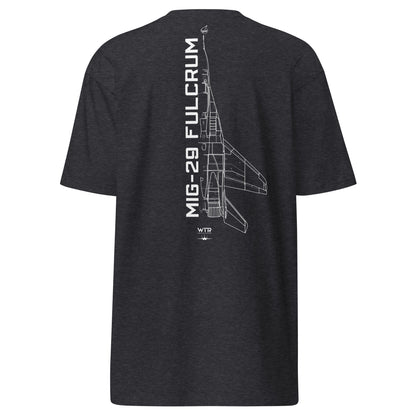 MIKOYAN MIG-29 FULCRUM — hand-drawn AIR SUPERIORITY schematic artwork printed on heavyweight T-shirt.